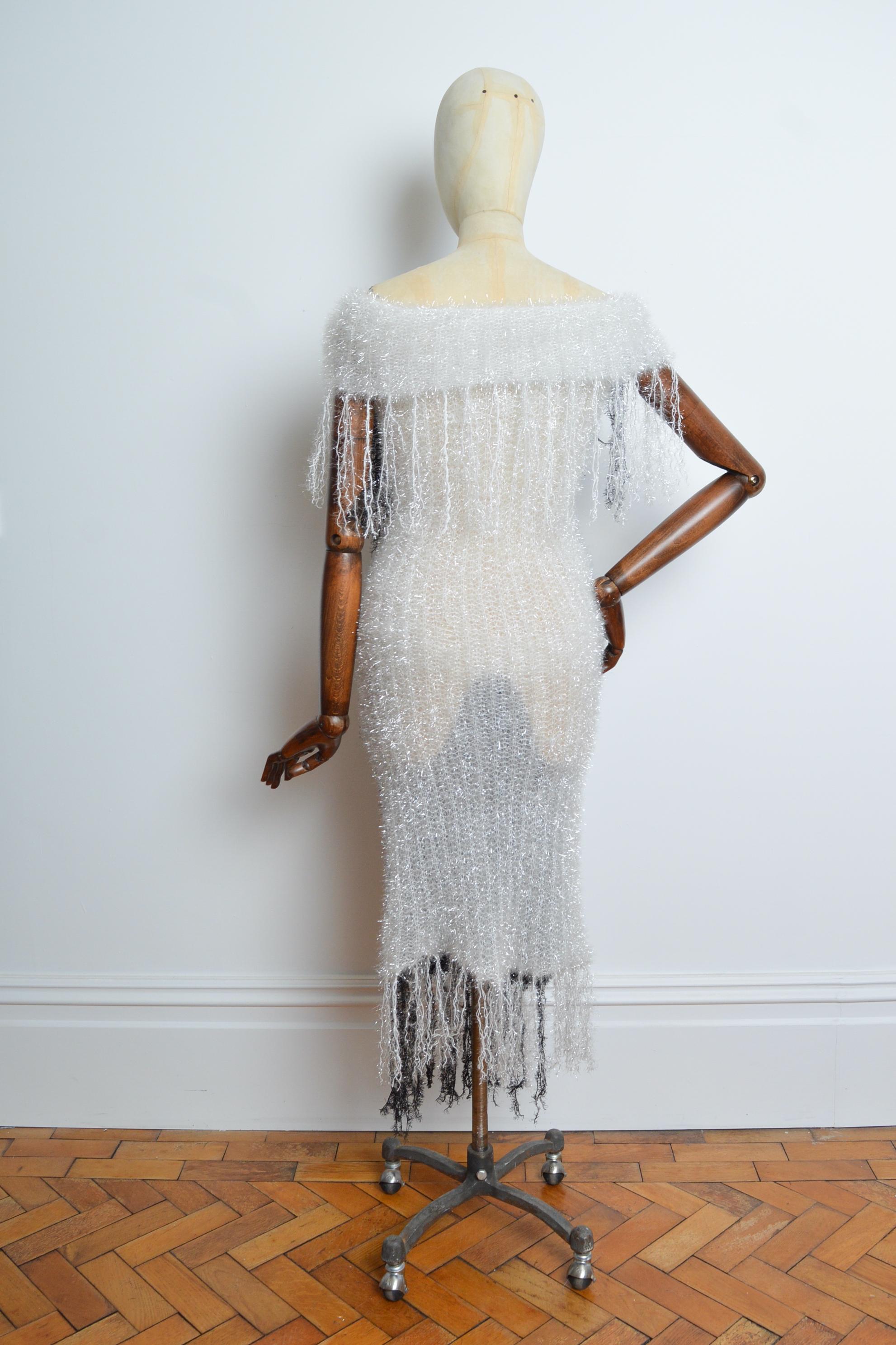 Loud 1990’s Garish Off shoulder White & Black Tinsel Glitter Cowl Evening Dress For Sale 2