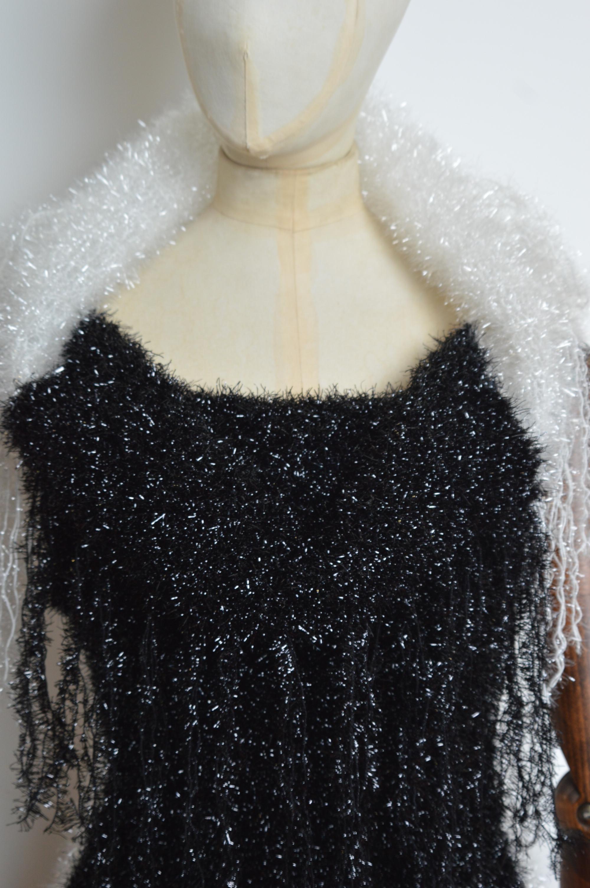 Loud 1990’s Garish Off shoulder White & Black Tinsel Glitter Cowl Evening Dress For Sale 3