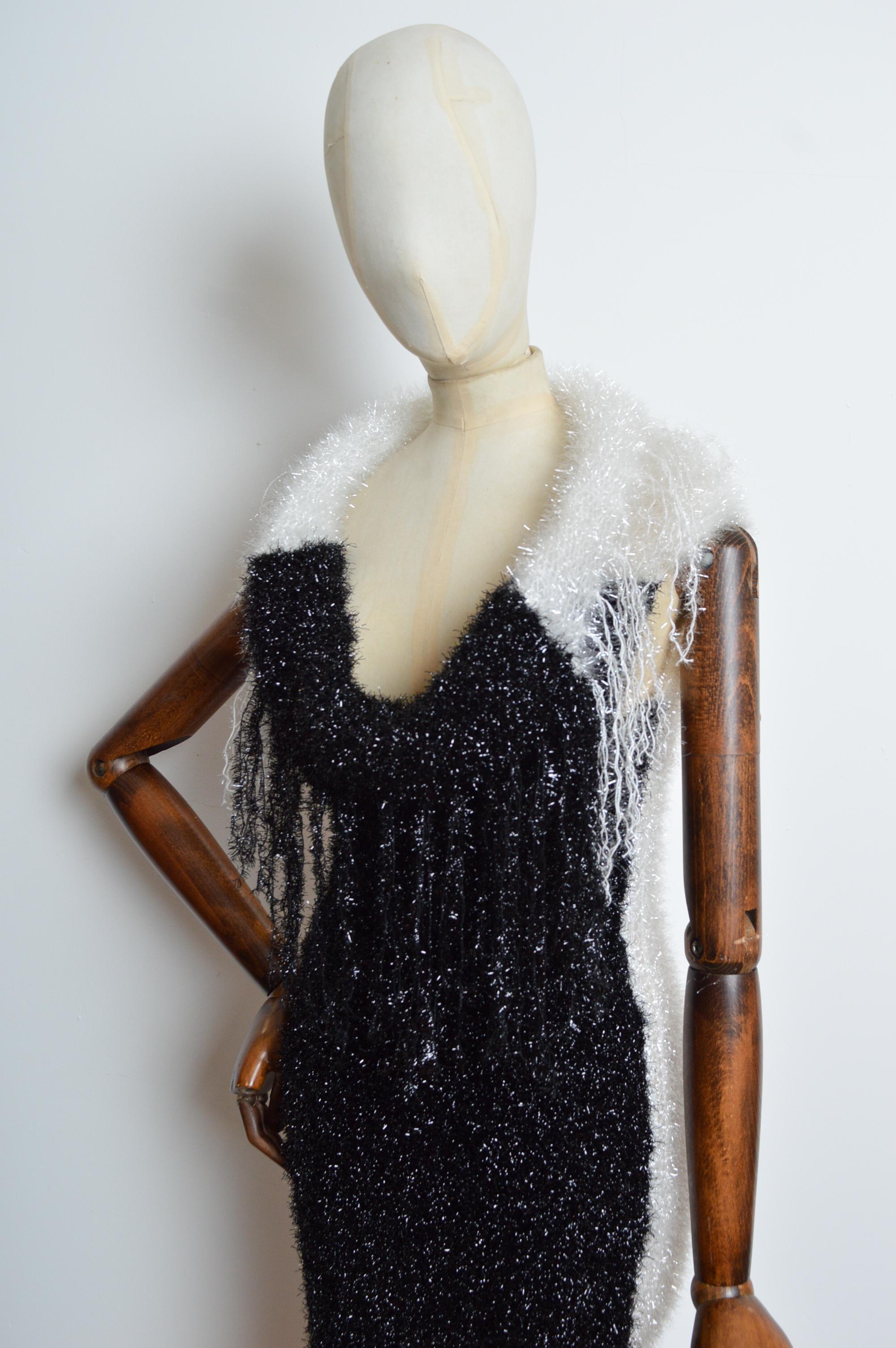 Loud 1990’s Garish Off shoulder White & Black Tinsel Glitter Cowl Evening Dress For Sale 4