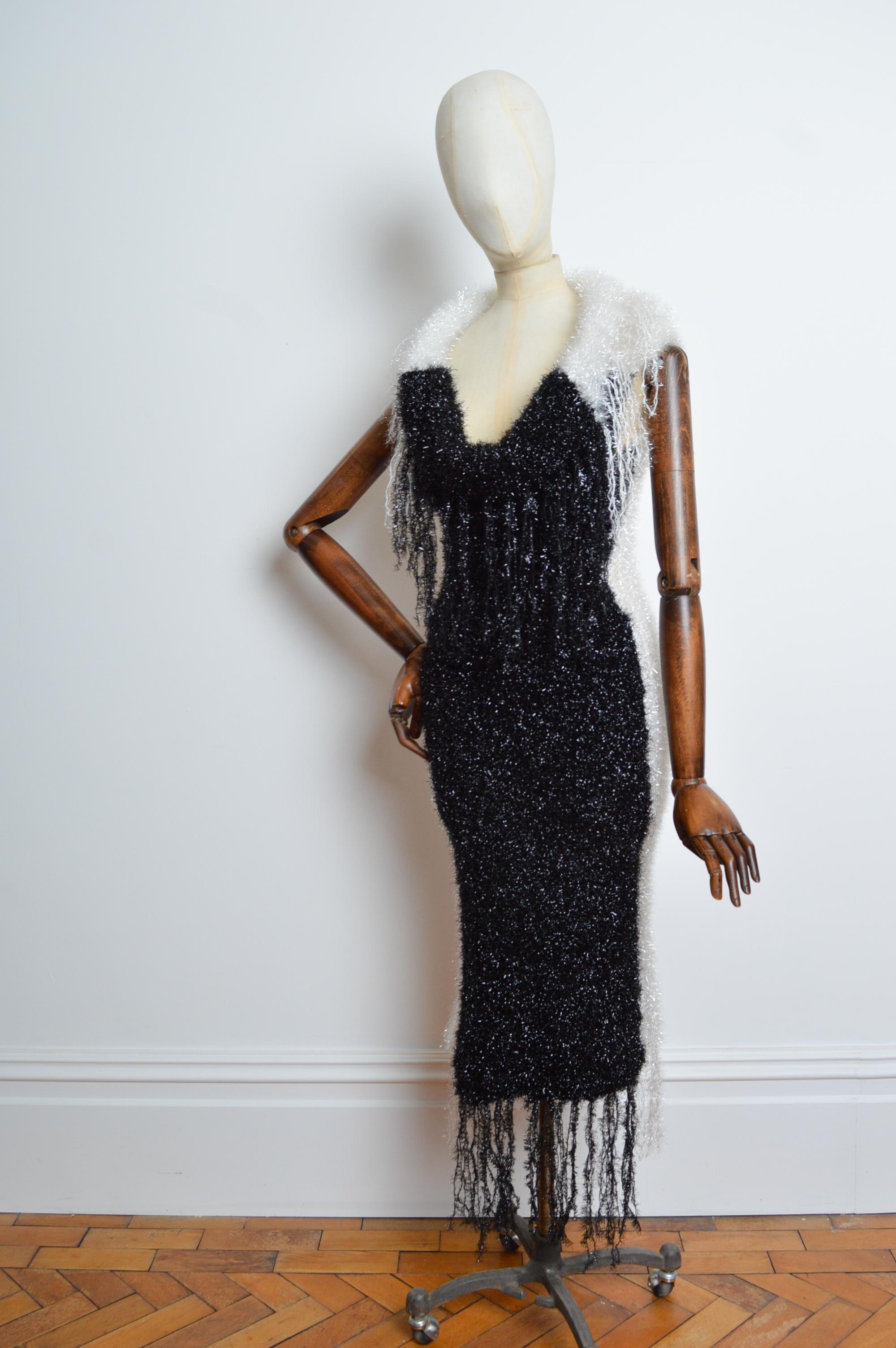 Loud 1990’s Garish Off shoulder White & Black Tinsel Glitter Cowl Evening Dress For Sale 5