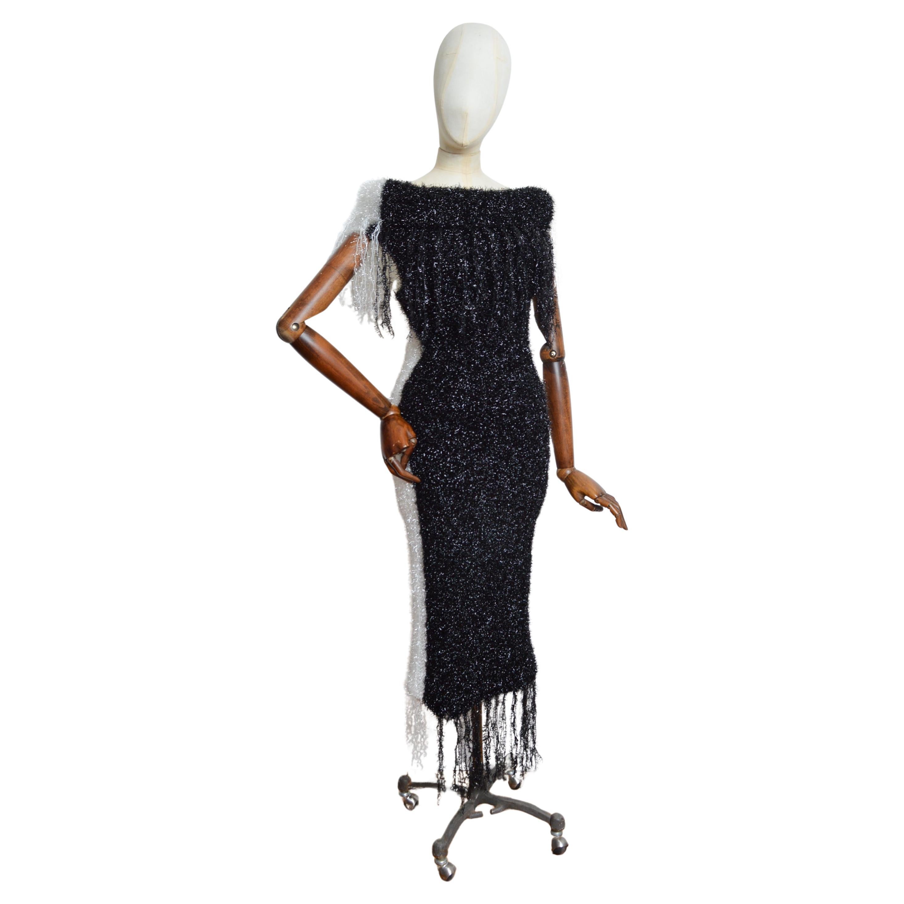 Loud 1990’s Garish Off shoulder White & Black Tinsel Glitter Cowl Evening Dress For Sale