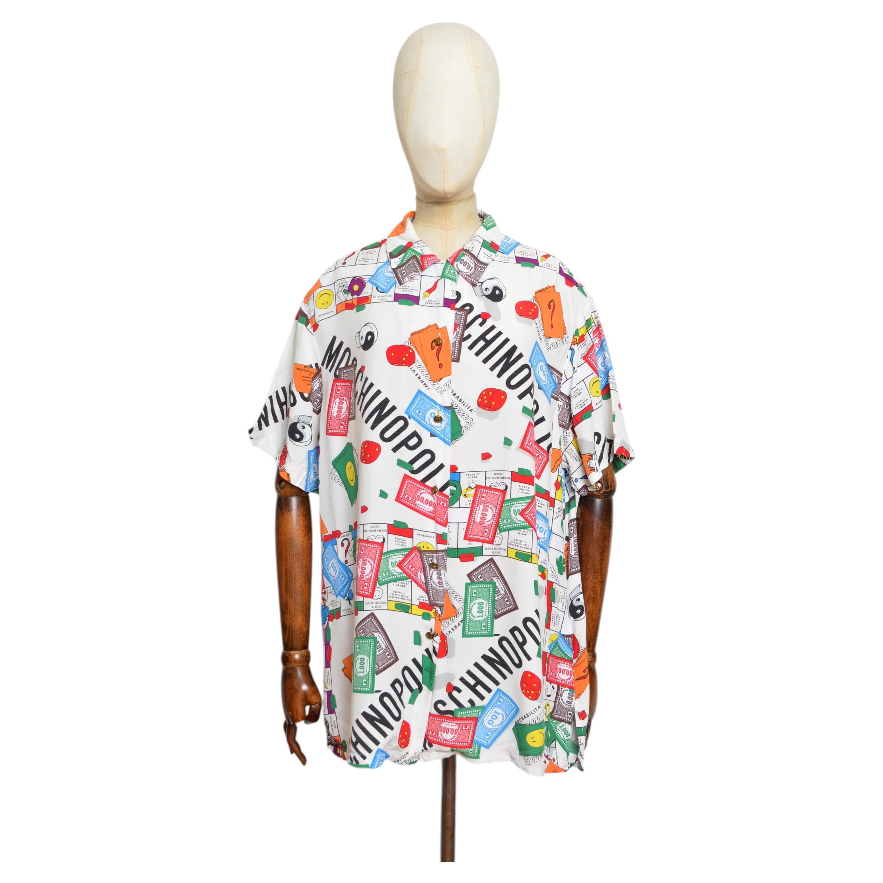 Loud Vintage 1990s MOSCHINO Colourful Pattern Monopoly Print Hawaiian Shirt L-XL