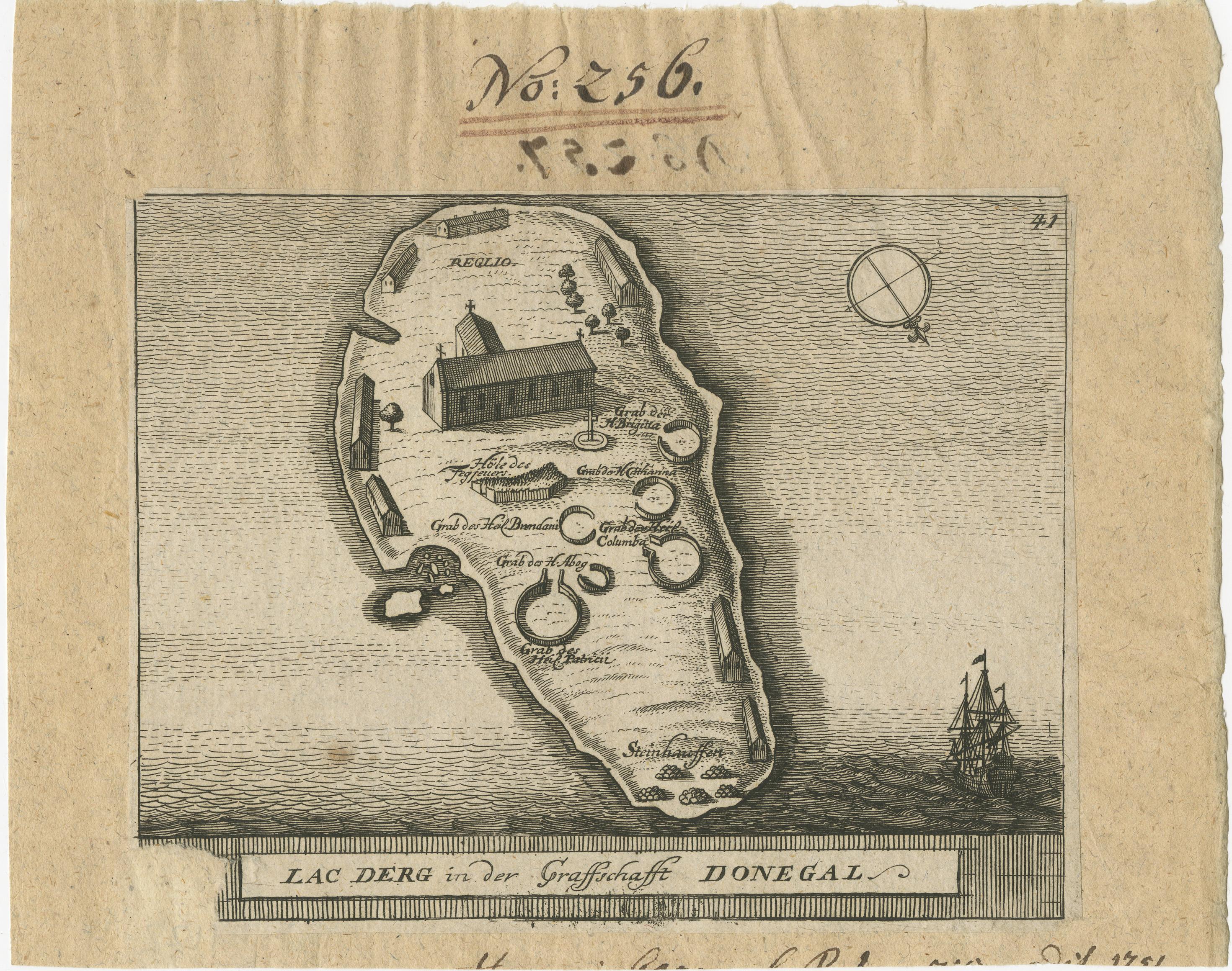 Lac Derg in der Graffschafft Donegal -  (Lough Derg dans le comté de Donegal).

Cette gravure montre l'île de pèlerinage du Lough Derg, célèbre depuis le Moyen Âge comme site de pèlerinage pénitentiel associé au Purgatoire de saint Patrick. La carte