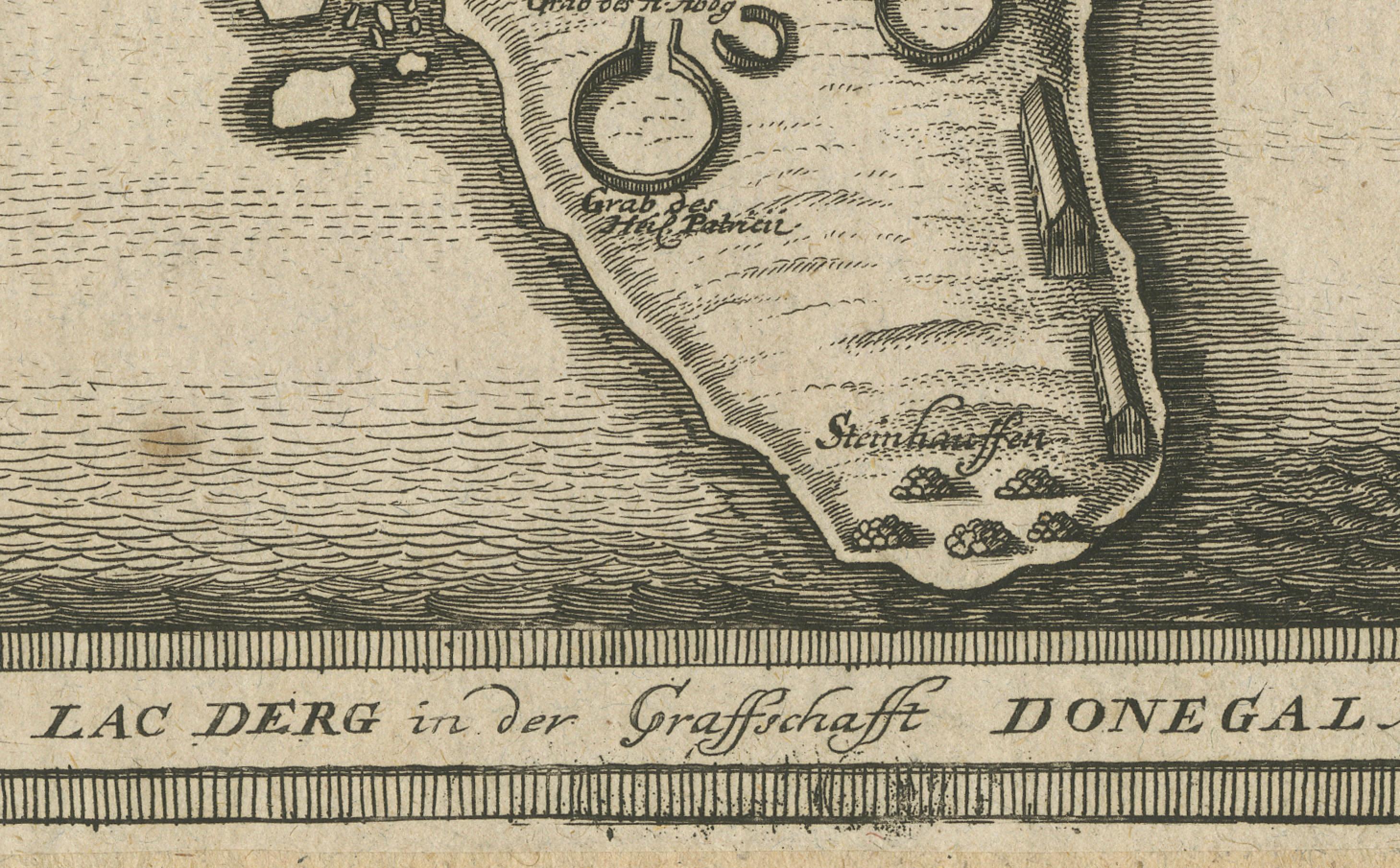 Papier Lough Derg, Donegal - Gravure ancienne d'une carte de pèlerinage irlandaise c.1700 en vente