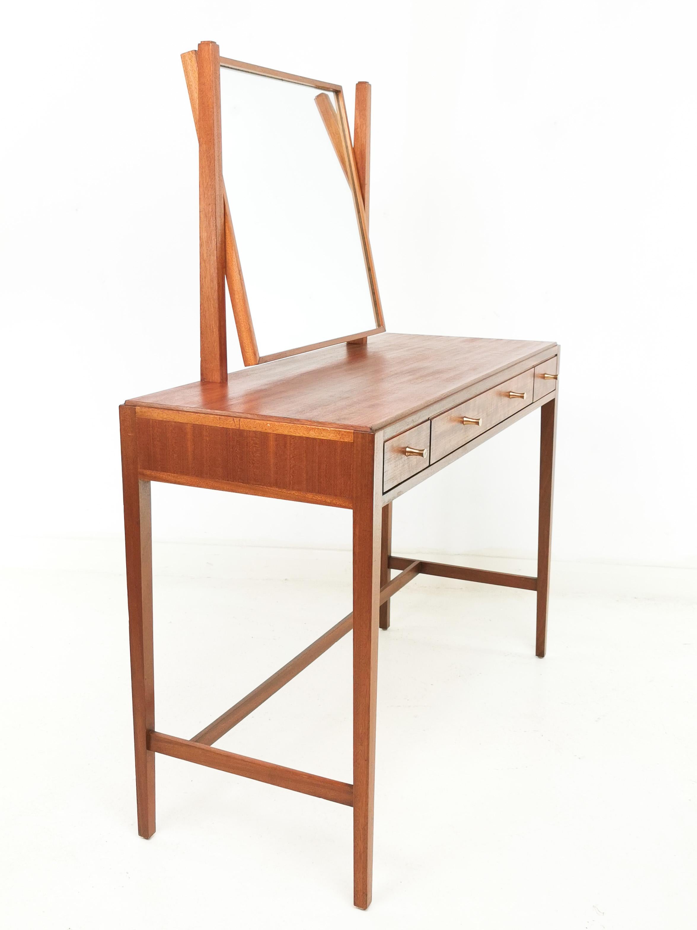 Loughborough dressing table

Teak dressing table manufactured by high quality furniture manufacturer Loughborough and made for Heals London.

Three drawers with brass handle pulls. Drawers are dovetailed, solid and run as exactly as they