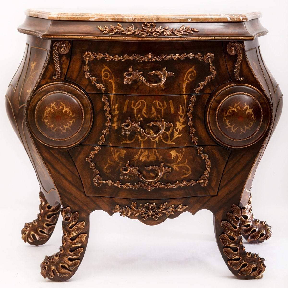 A beautiful loui XV style curved commode with marble top (condensed), 20th century.

The Louis XV style curved commode with marble top is inspired by Louis XV furniture style. This style is widely known for its lavishly decorated pieces. It is