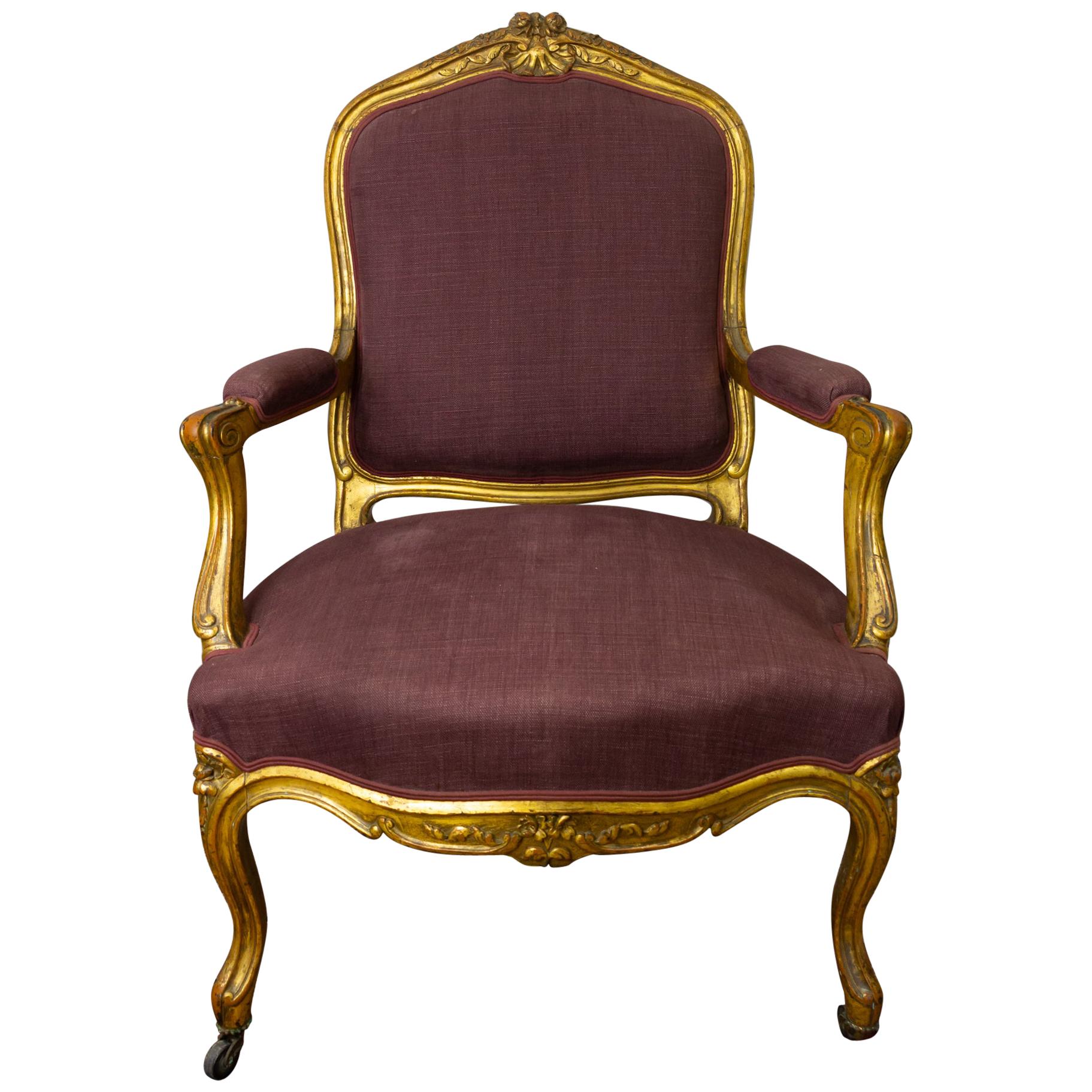 Louis XV Cabriolet Armchair "A la Reine" in Gilded Wood