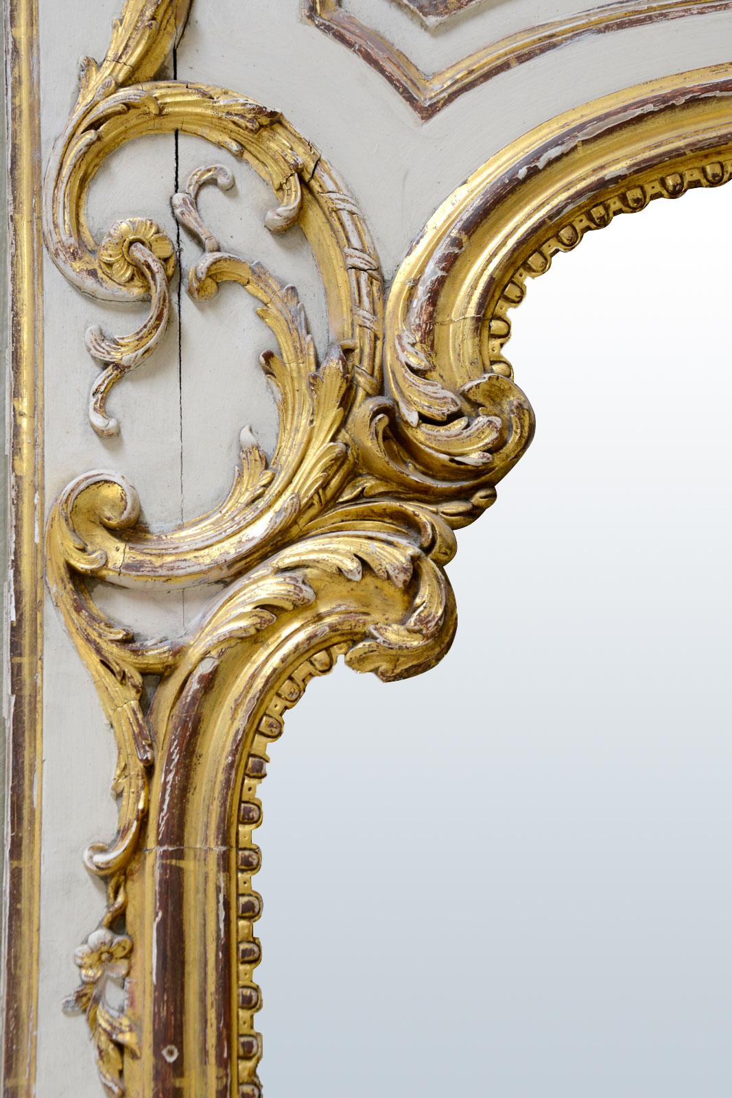 Louis XV Louis 15 Style Gilded Wood and White Rechampi Trumeau, 19th Century For Sale