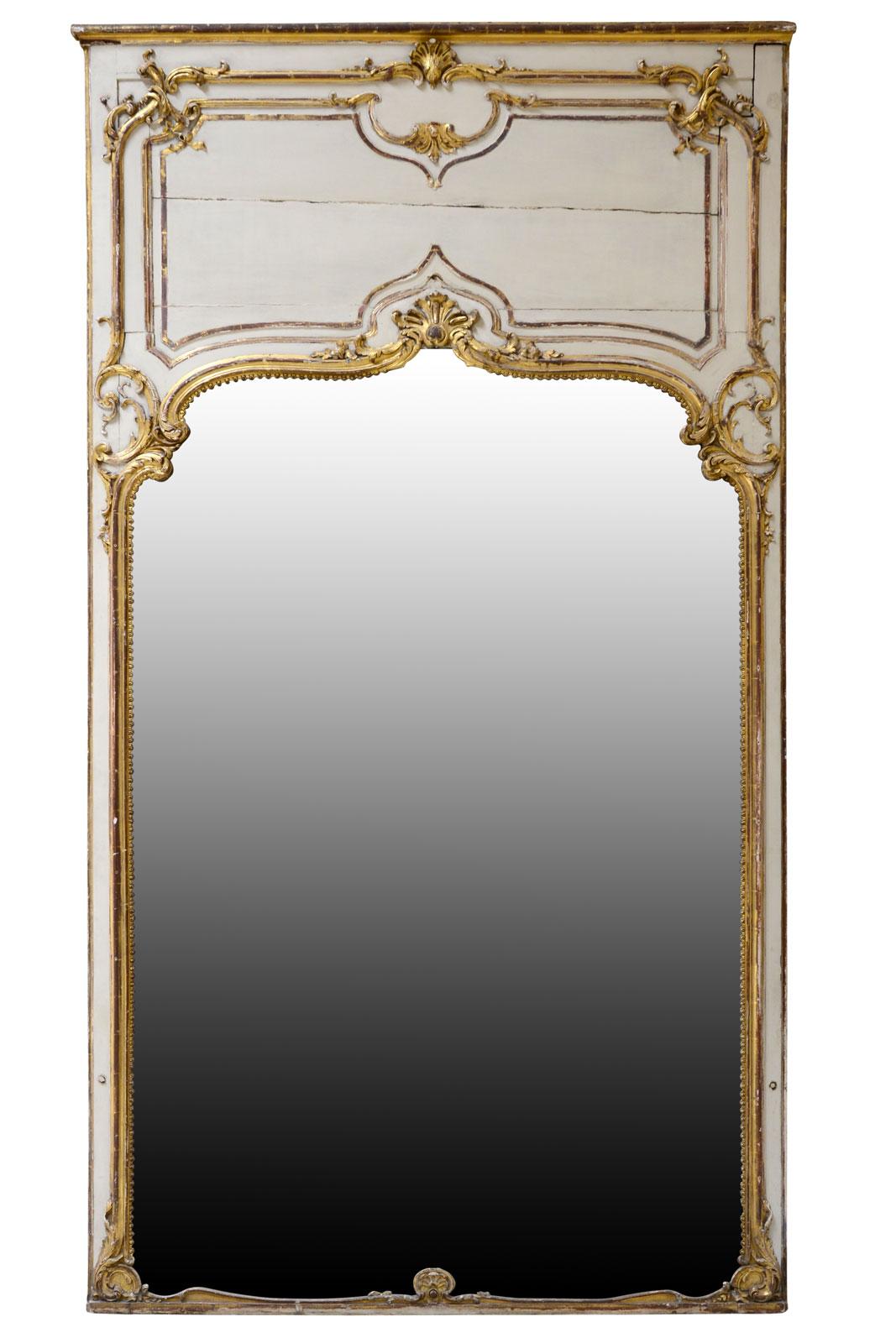 French Louis 15 Style Gilded Wood and White Rechampi Trumeau, 19th Century For Sale