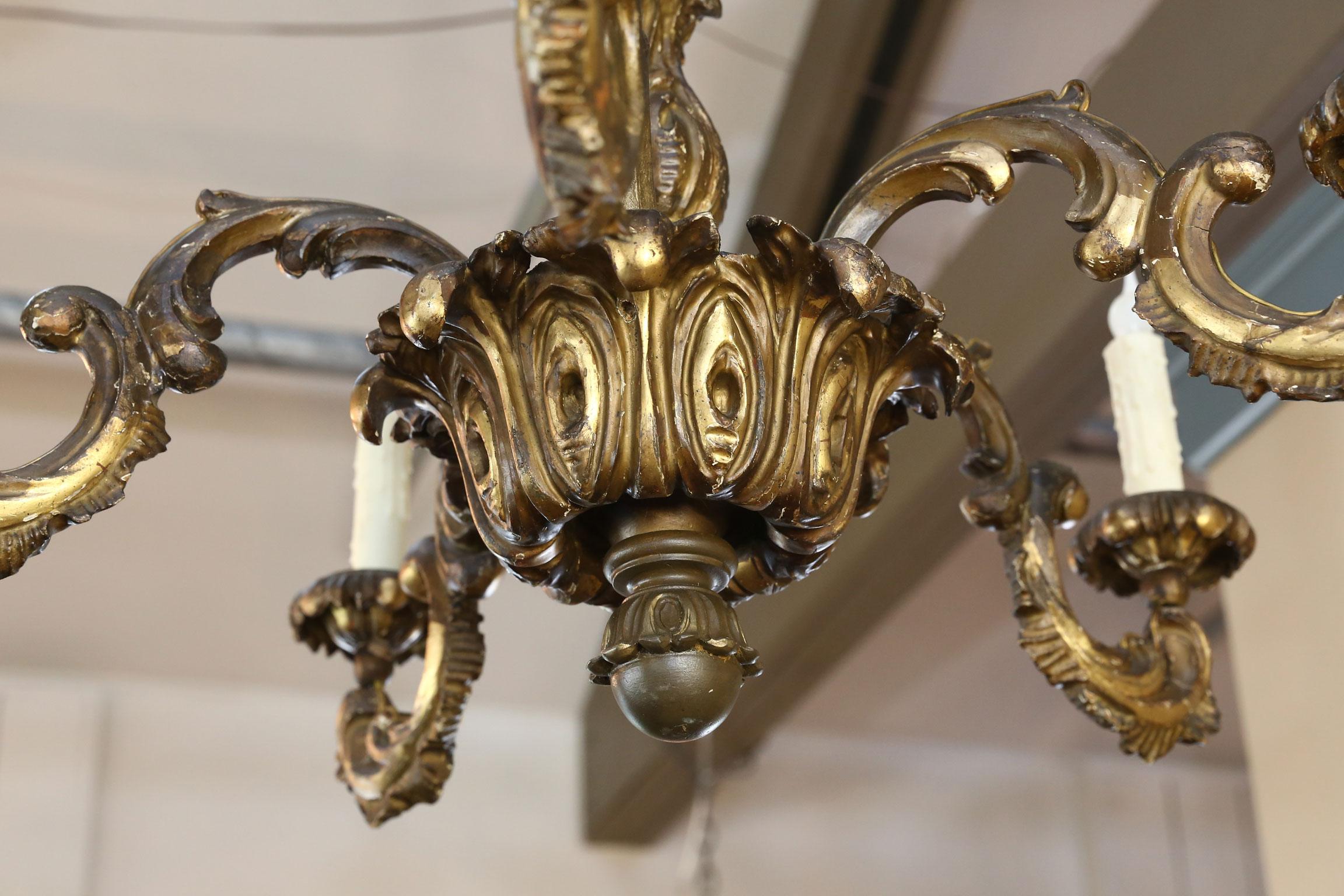 French Louis 15 Style Gilt on Carved Wood Antique Chandelier