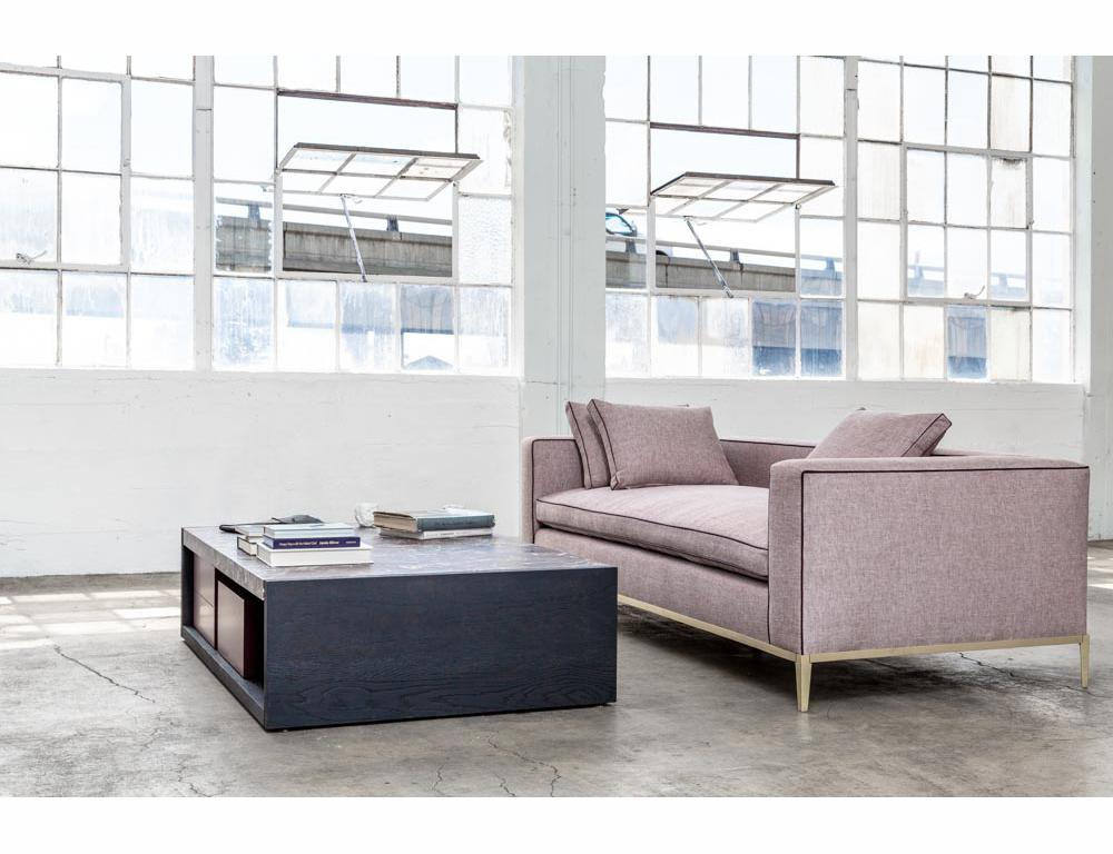 Louis Linen Sofa/Daybed with Leather Piping Brass/Bronze Base, Mandy Graham 2