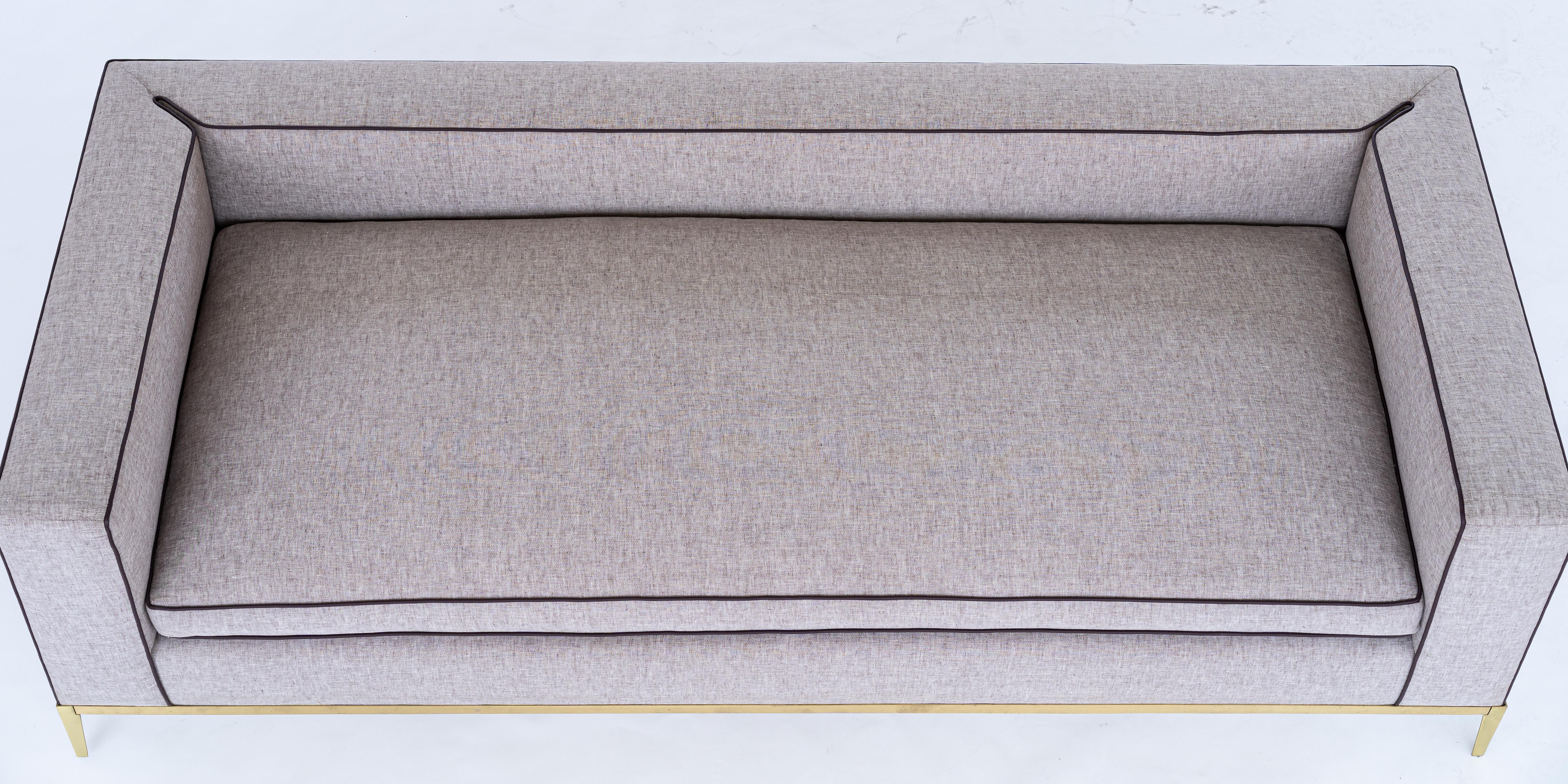 American Louis Linen Sofa/Daybed with Leather Piping Brass/Bronze Base, Mandy Graham