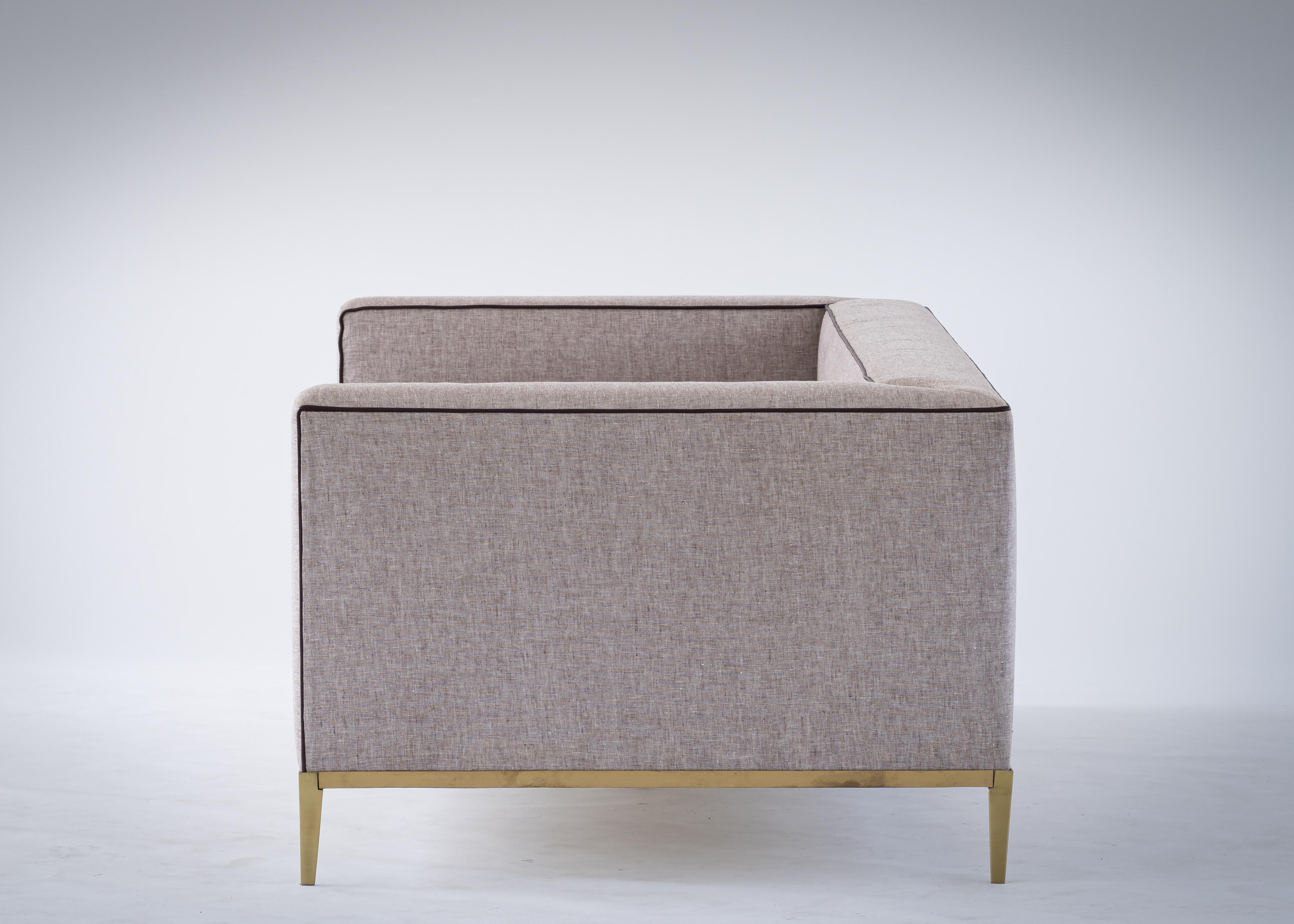 Brushed Louis Linen Sofa/Daybed with Leather Piping Brass/Bronze Base, Mandy Graham