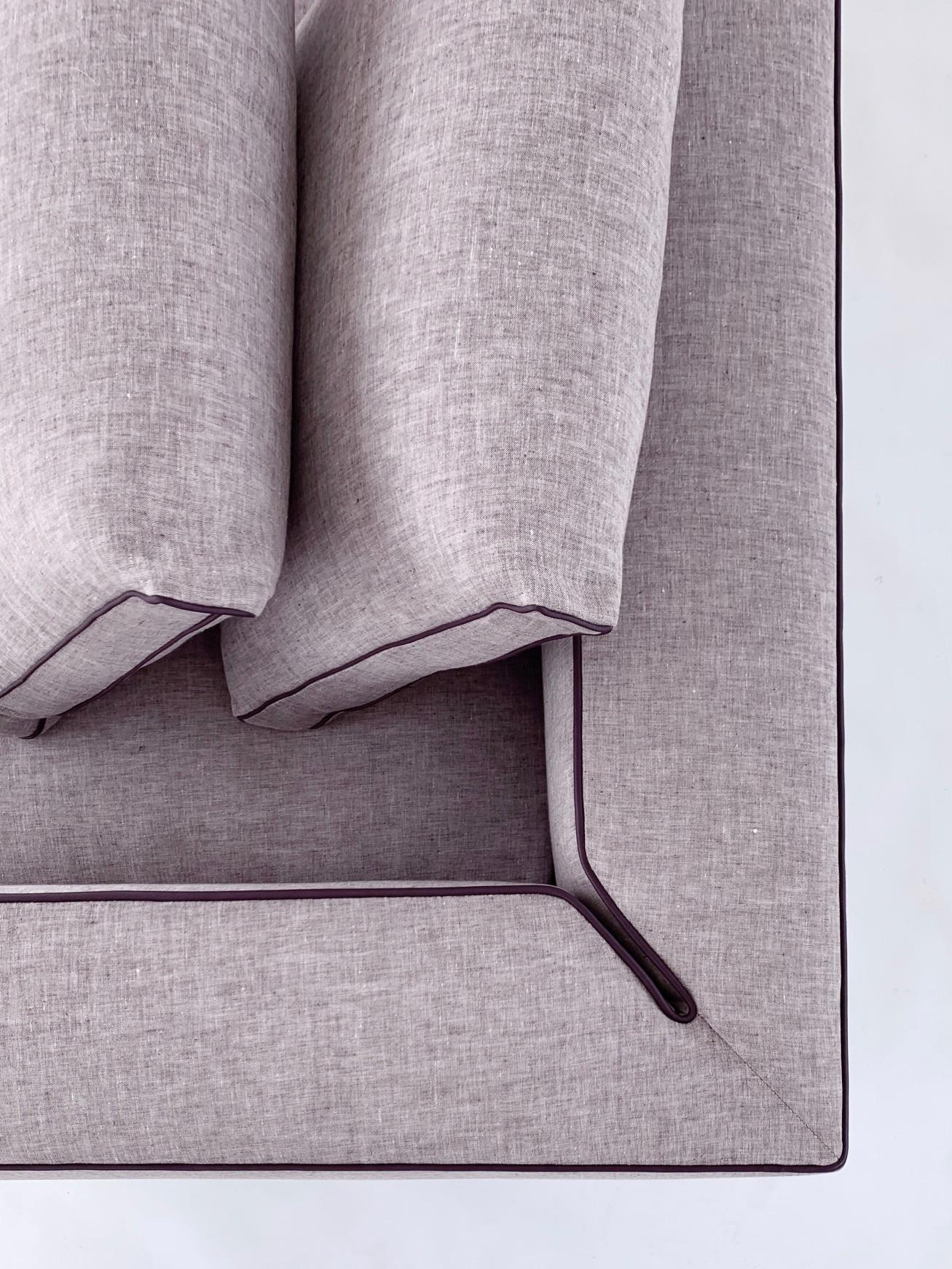 Contemporary Louis Linen Sofa/Daybed with Leather Piping Brass/Bronze Base, Mandy Graham