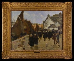 French coastal town scene painting, view from the docks and riverside