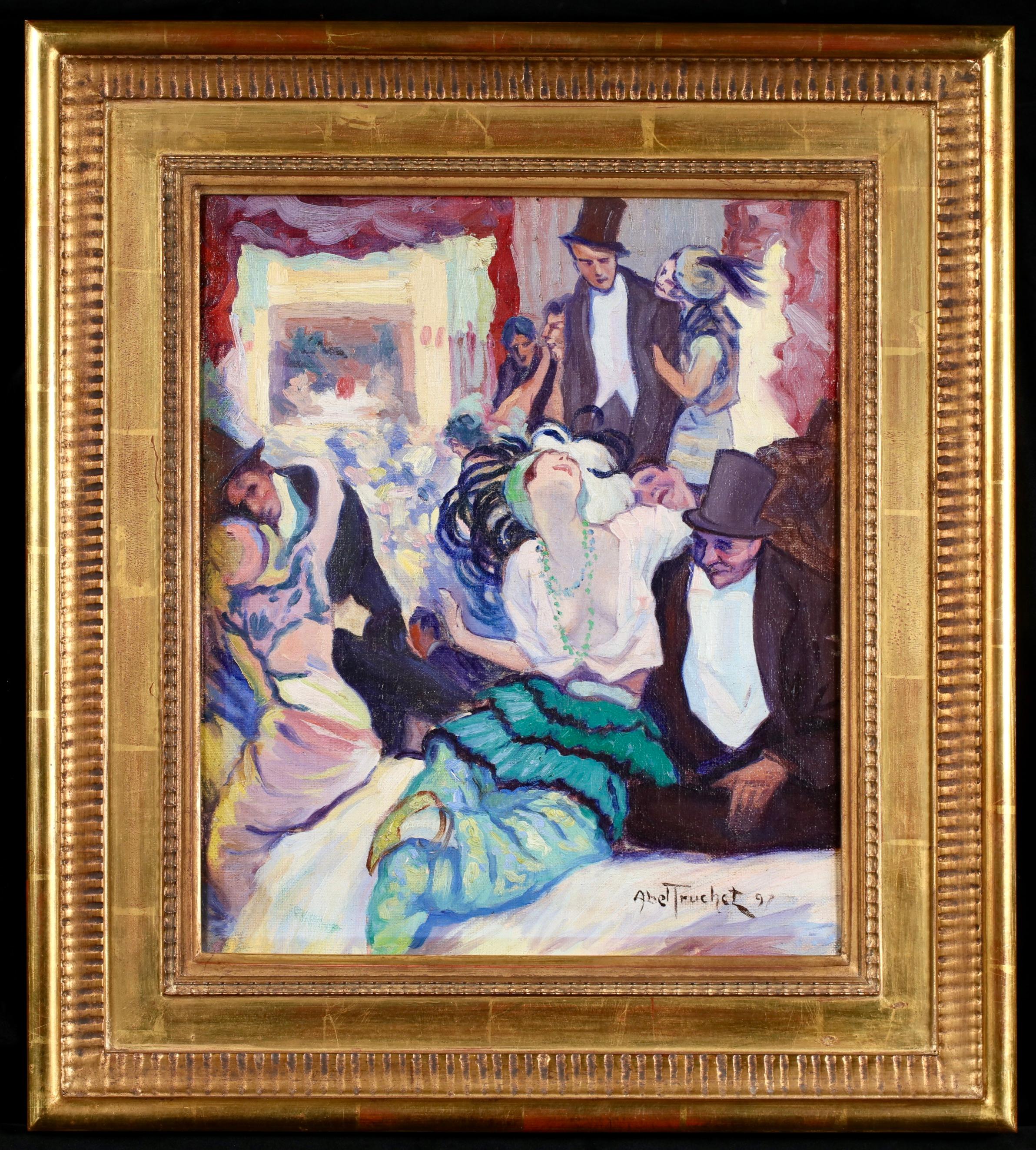 Figuras al óleo sobre lienzo en interior, firmadas y fechadas, del pintor impresionista francés Louis Abel-Truchet. La pieza representa a juerguistas en un cabaret francés de Montmartre.

Firma:
Firmado abajo a la derecha y fechado en