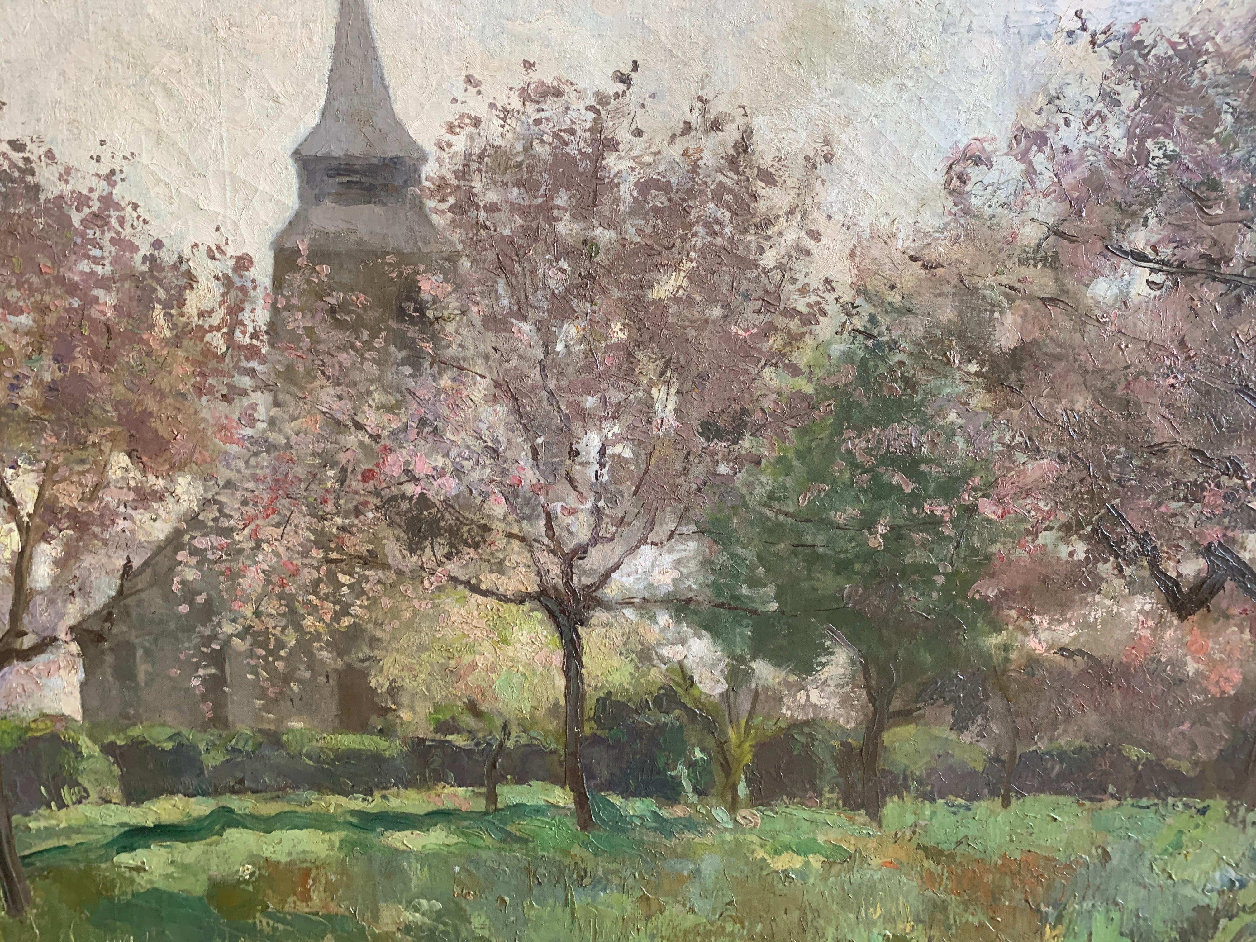 « Le Paysage Avec Une Eglise », Louis Abel-Truchet, paysage vert, église de Spring en vente 2