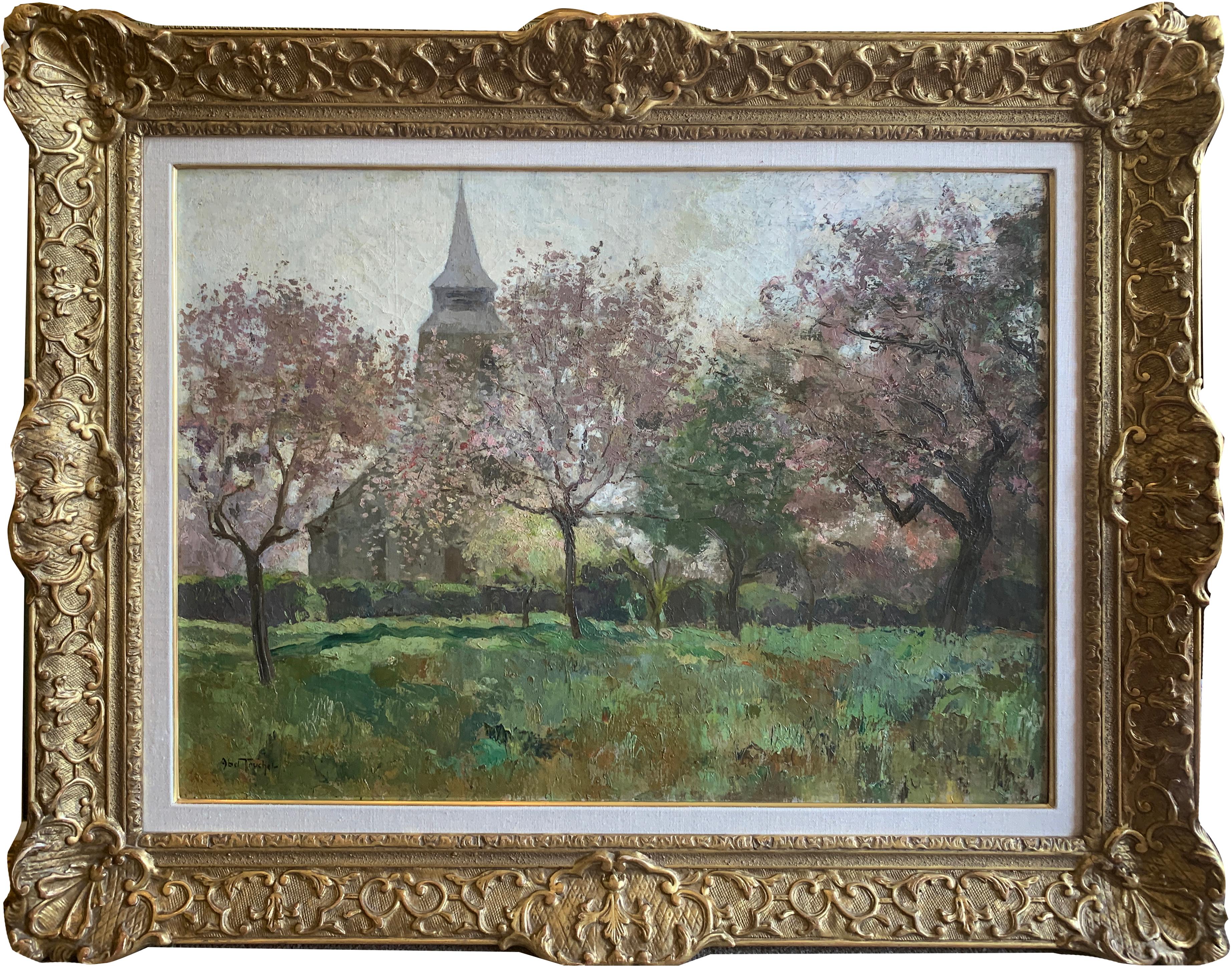 « Le Paysage Avec Une Eglise », Louis Abel-Truchet, paysage vert, église de Spring en vente 3