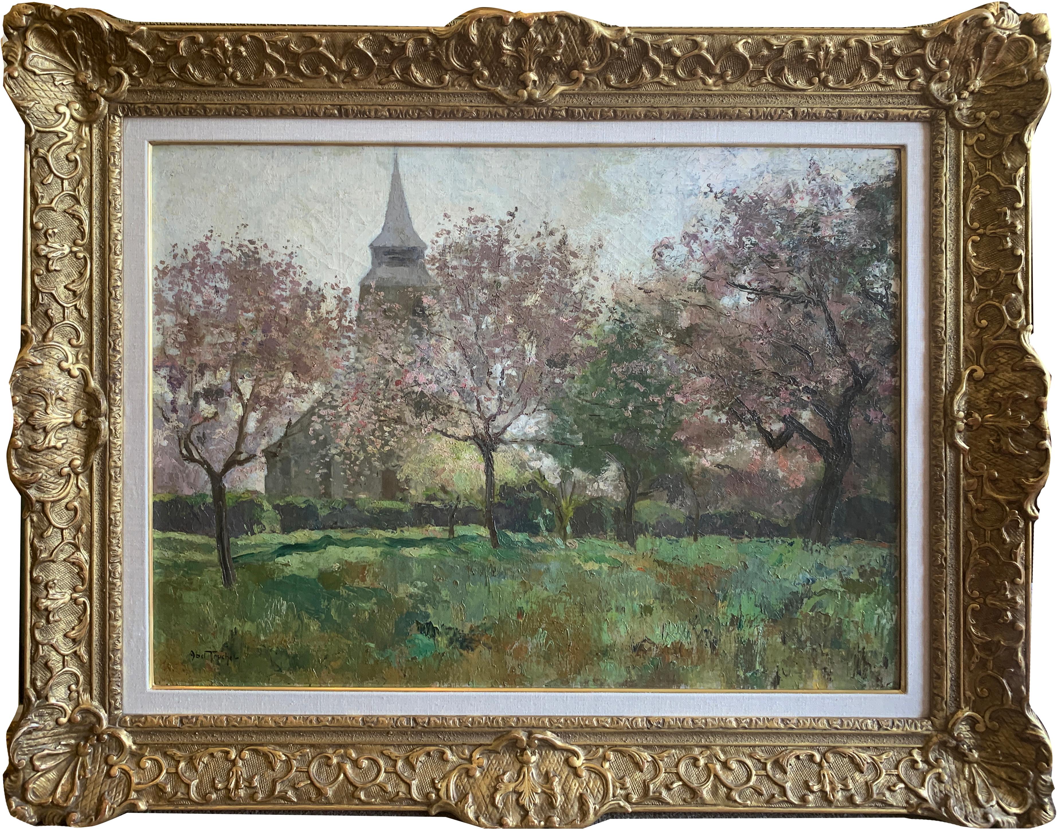 « Le Paysage Avec Une Eglise », Louis Abel-Truchet, paysage vert, église de Spring en vente 1