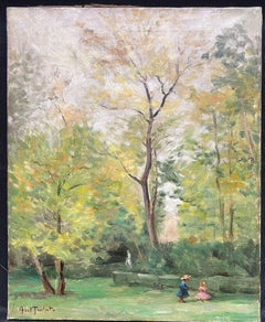 Signed Antique French Impressionist Oil Painting Children Playing in Park