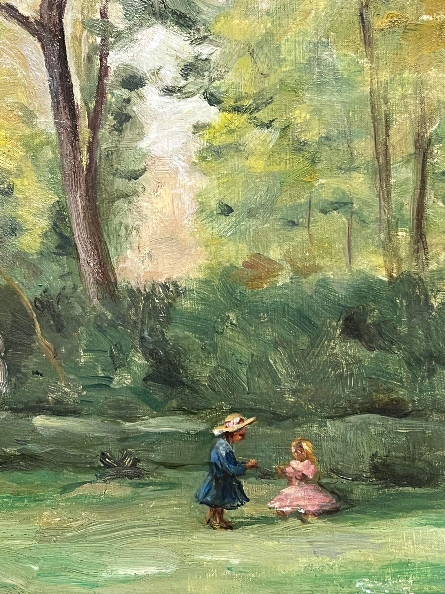 Signed Antique French Impressionist Oil Painting Children Playing in Park For Sale 1