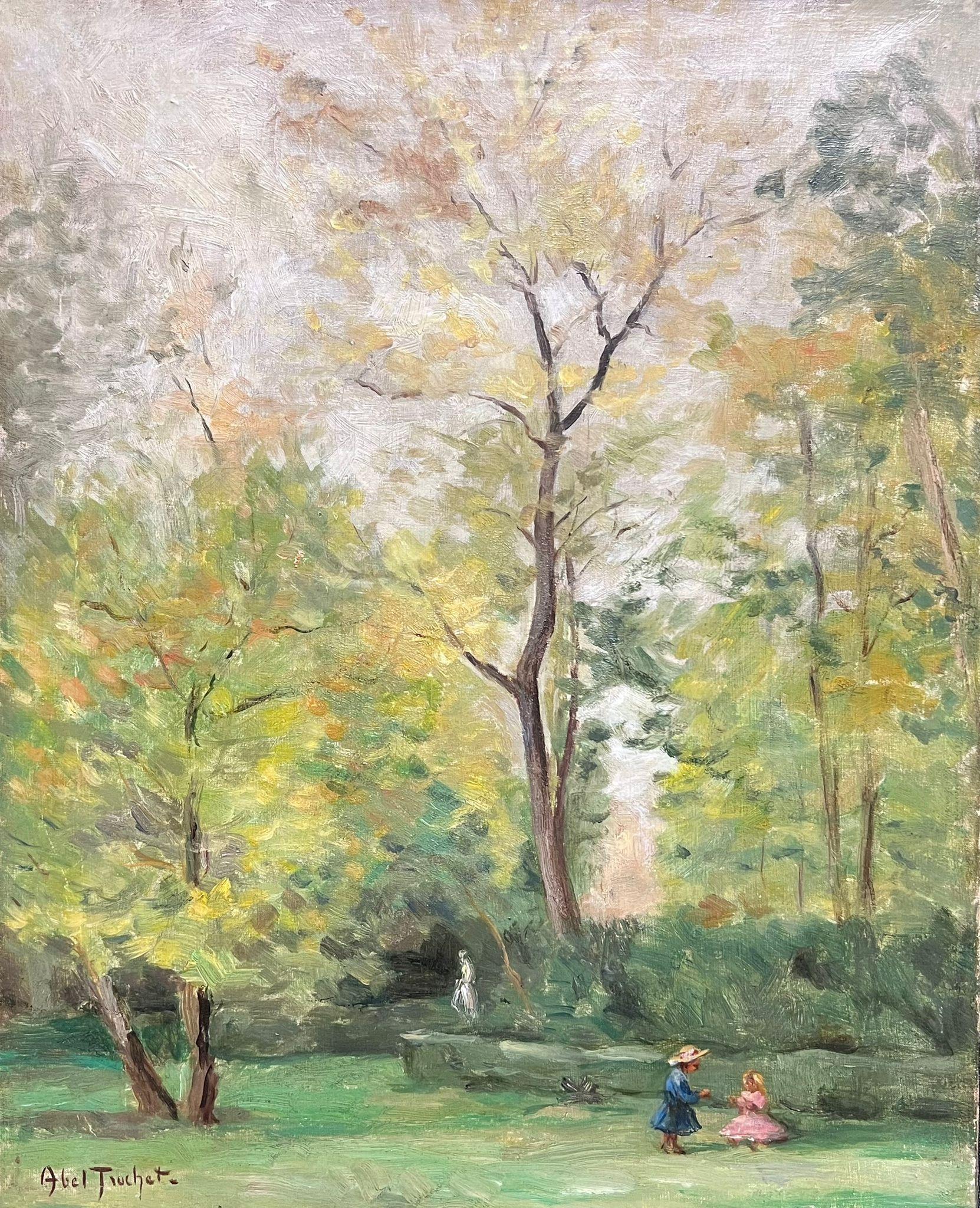 Louis Abel-Truchet Landscape Painting - Signed Antique French Impressionist Oil Painting Children Playing in Park