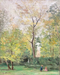 Peinture à l'huile impressionniste française ancienne signée, représentant des enfants jouant dans le parc