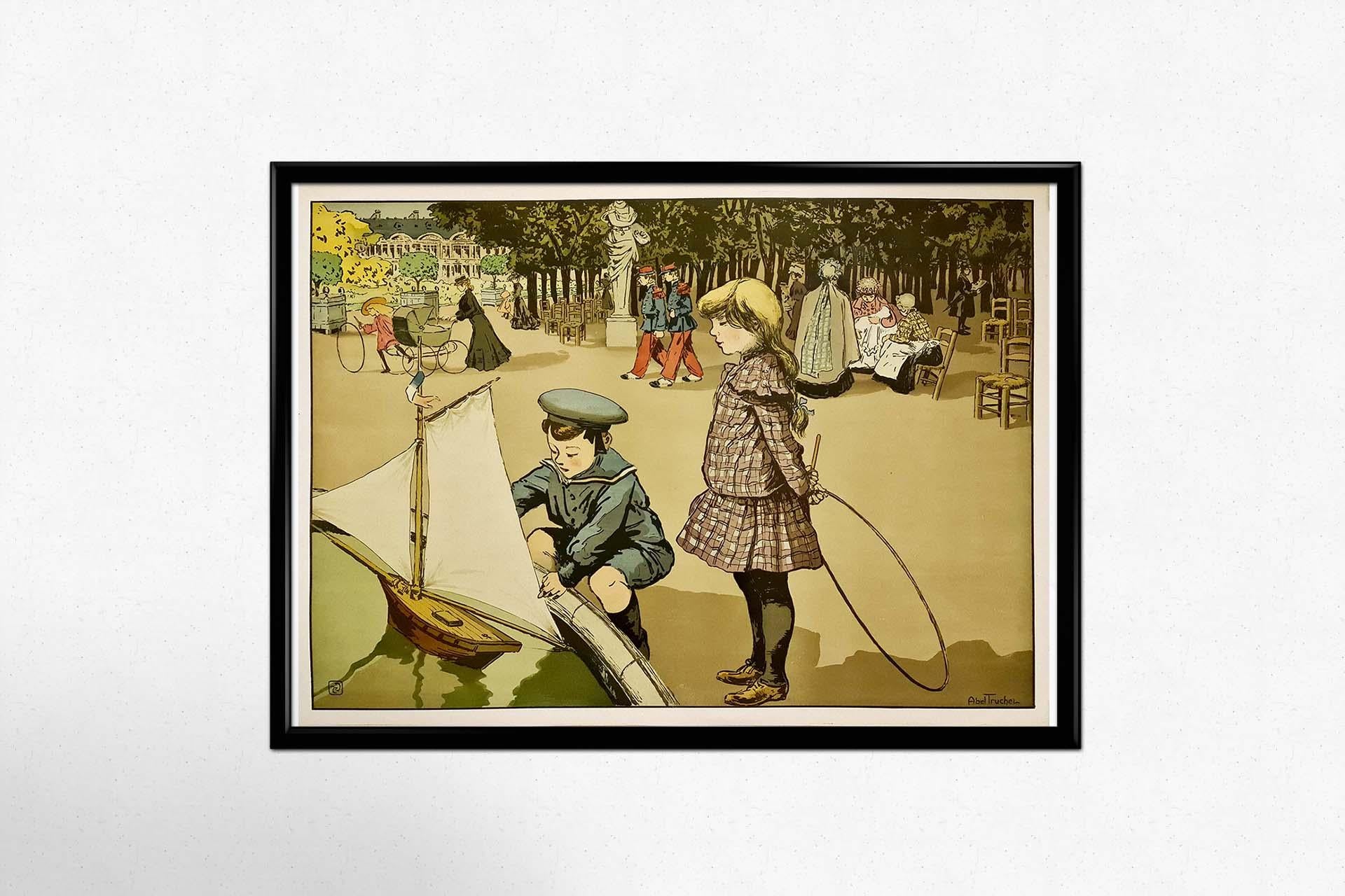 Bambini nel giardino del Lussemburgo - Poster originale del 1900 circa - Parigi in vendita 2