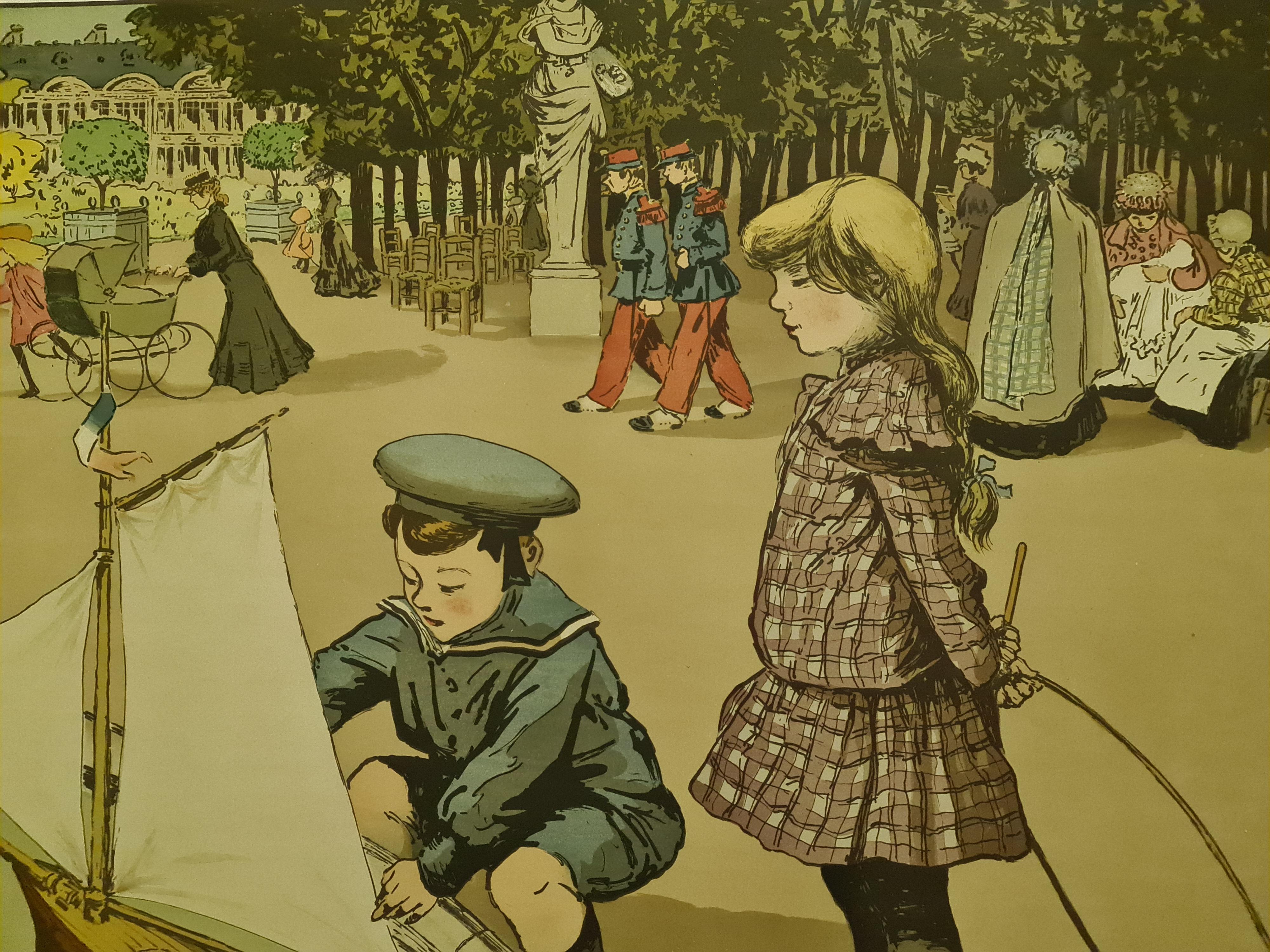 Bambini nel giardino del Lussemburgo - Poster originale del 1900 circa - Parigi in vendita 4