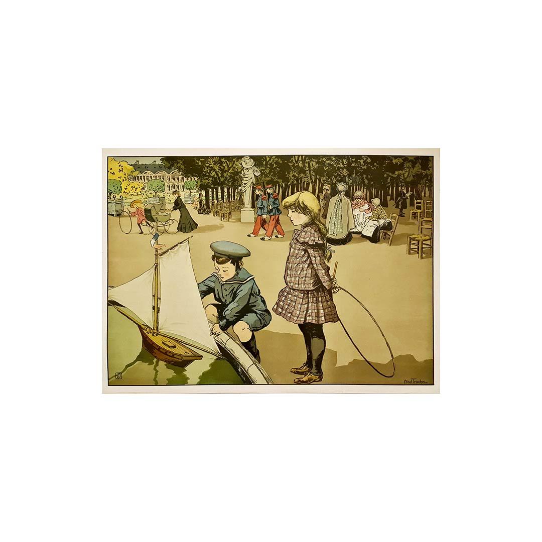 Kinder im Luxemburger Garten – Originalplakat, um 1900, Paris – Print von Louis Abel-Truchet