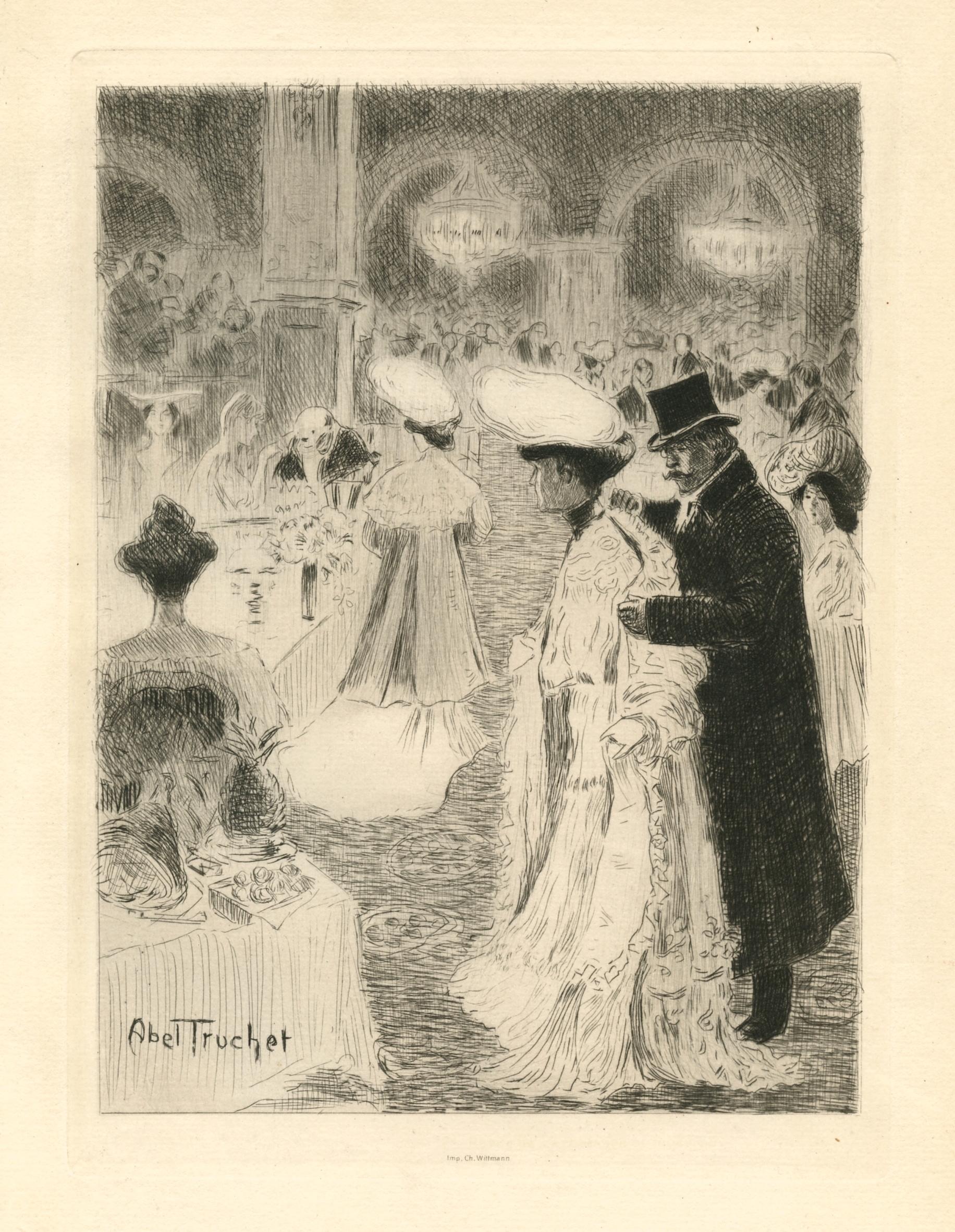 "Le Cafe de Paris" original etching - Print by Louis Abel-Truchet