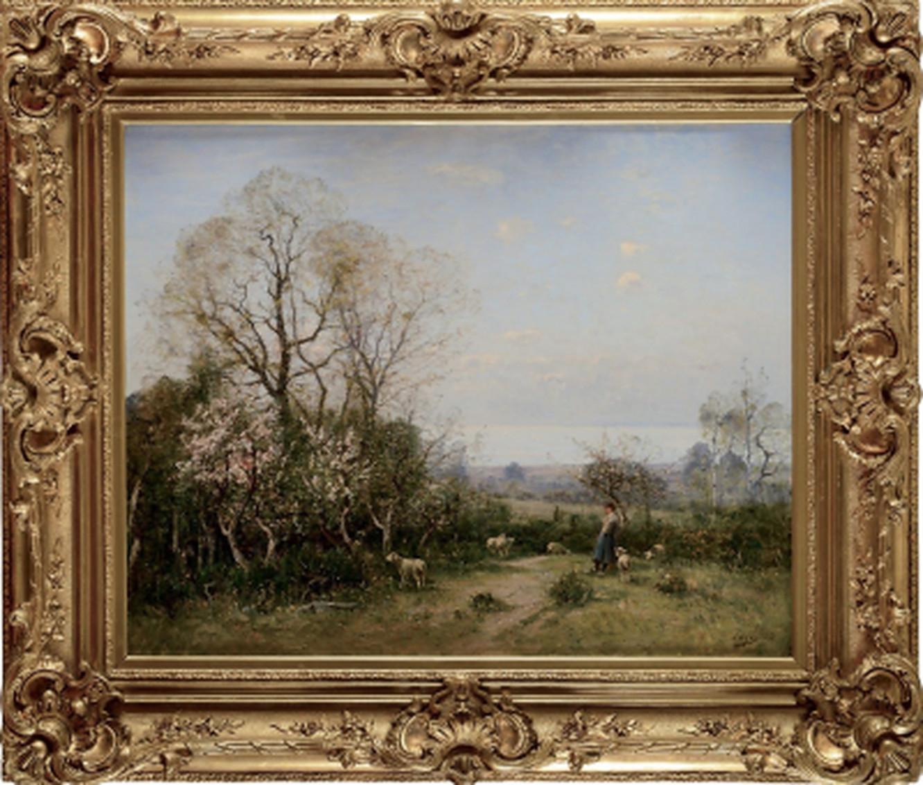 Louis Aimé Japy Landscape Painting – Bergre aux arbres en fleurs devant la mer, 1885