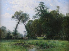 Cows in a Meadow Oil Painting by Louis Japy. Barbizon School, Late 19th Century
