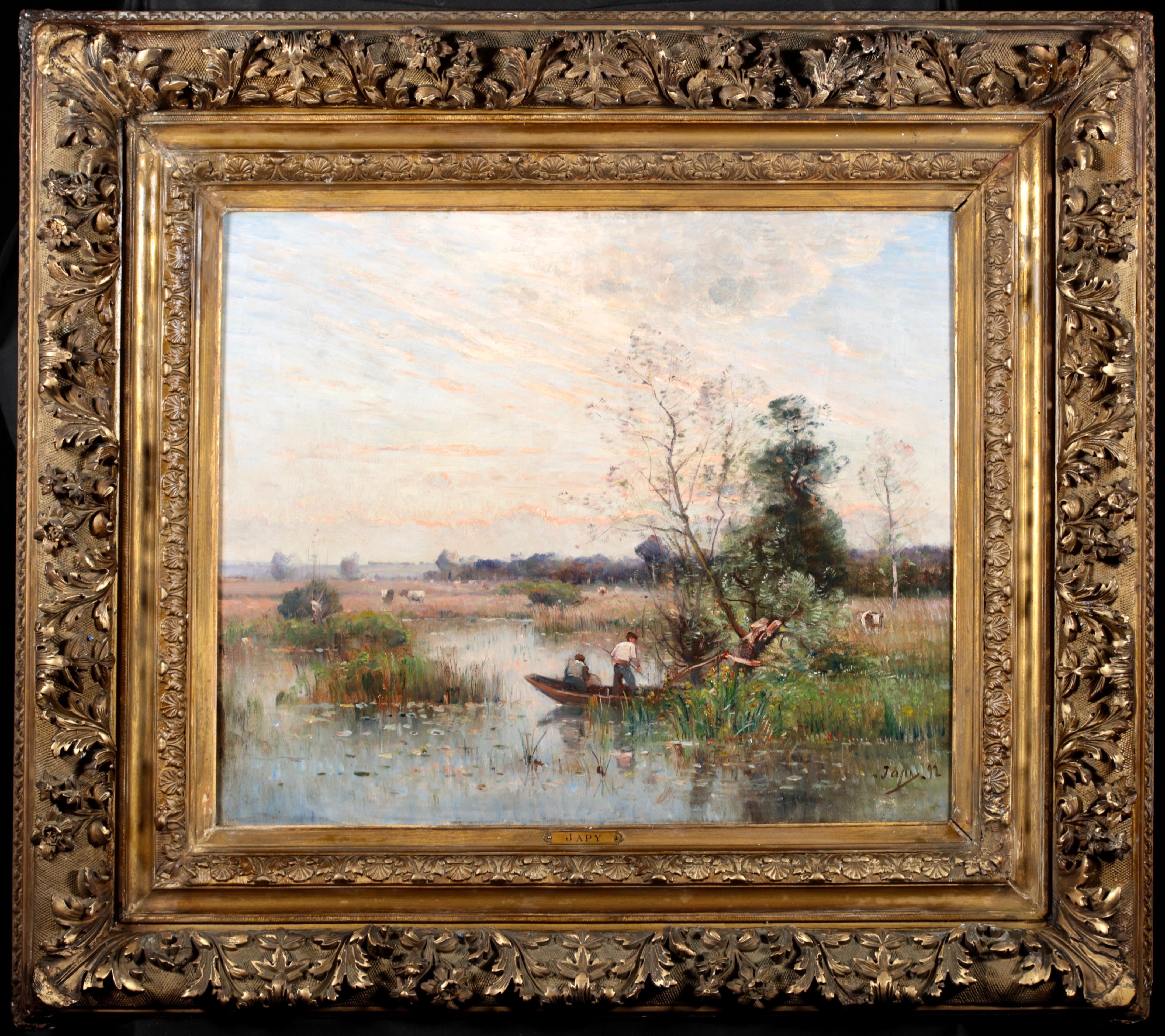 Fishing on a River - Impressionistisches Ölgemälde, Boot auf Fluss Landschaft von Louis Japy – Painting von Louis Aimé Japy