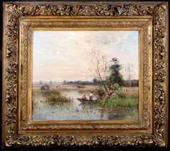 Fishing on a River - Impressionist Oil, Boat on River Landscape by Louis Japy