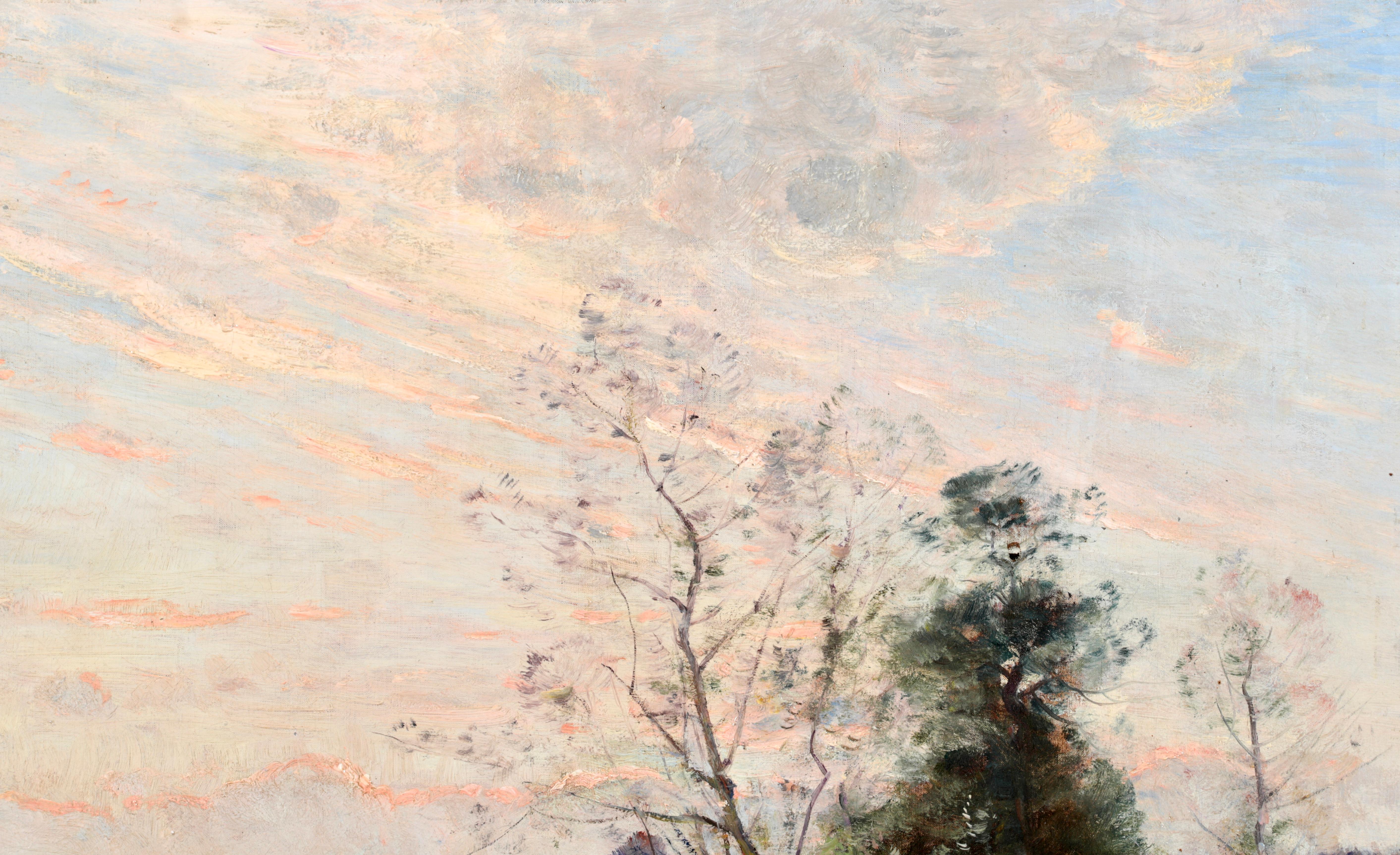 Signiert und datiert Flusslandschaft Öl auf Leinwand von Französisch impressionistischen Maler Louis Aime Japy. Das Werk stellt zwei Fischer in einem kleinen Kahn auf einem Fluss bei Sonnenuntergang dar. Die Wolken am Himmel leuchten rosa von der