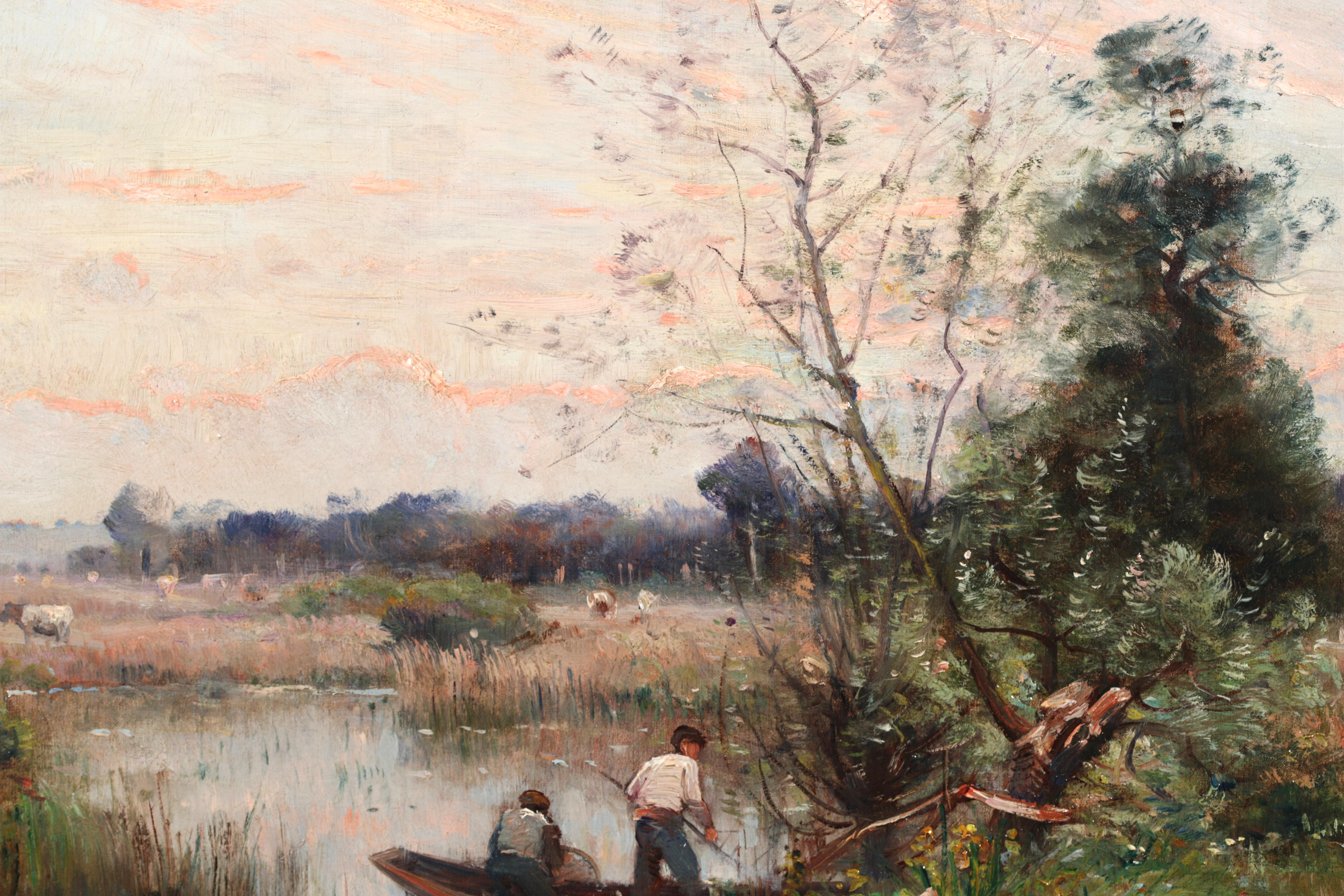 Fishing on a River - Impressionistisches Ölgemälde, Boot auf Fluss Landschaft von Louis Japy 3