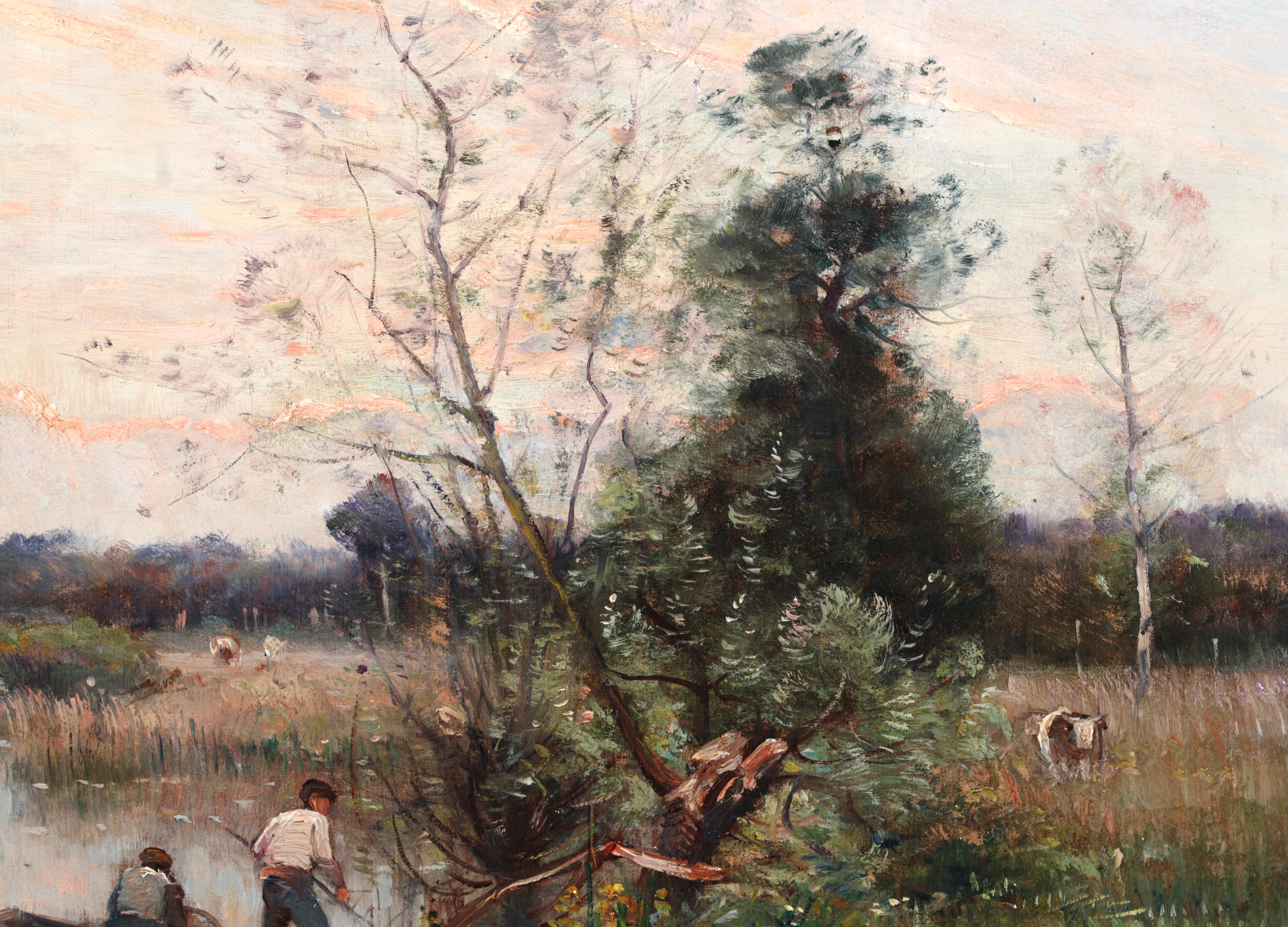 Fishing on a River - Impressionistisches Ölgemälde, Boot auf Fluss Landschaft von Louis Japy 4