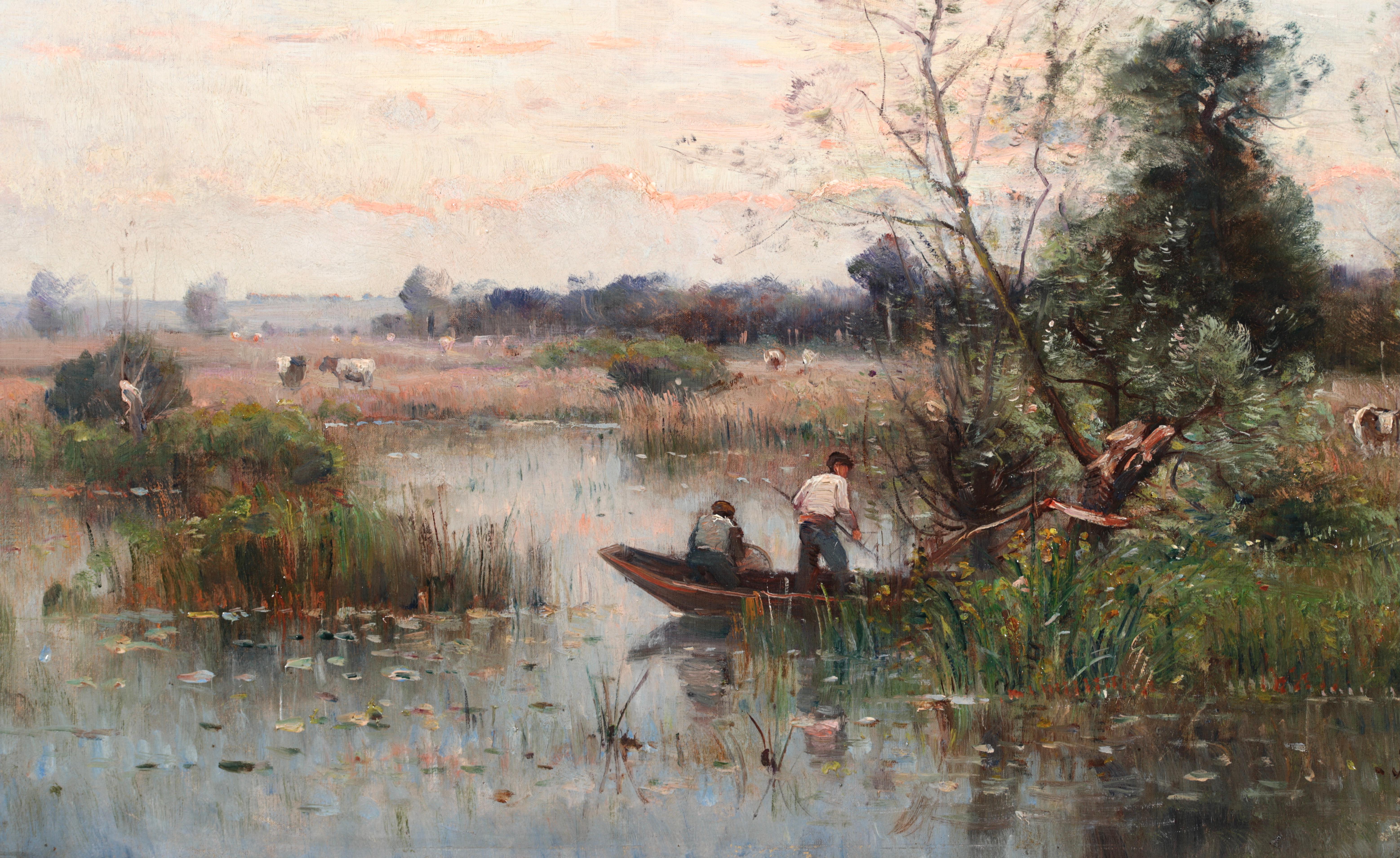 Fishing on a River - Impressionistisches Ölgemälde, Boot auf Fluss Landschaft von Louis Japy 5