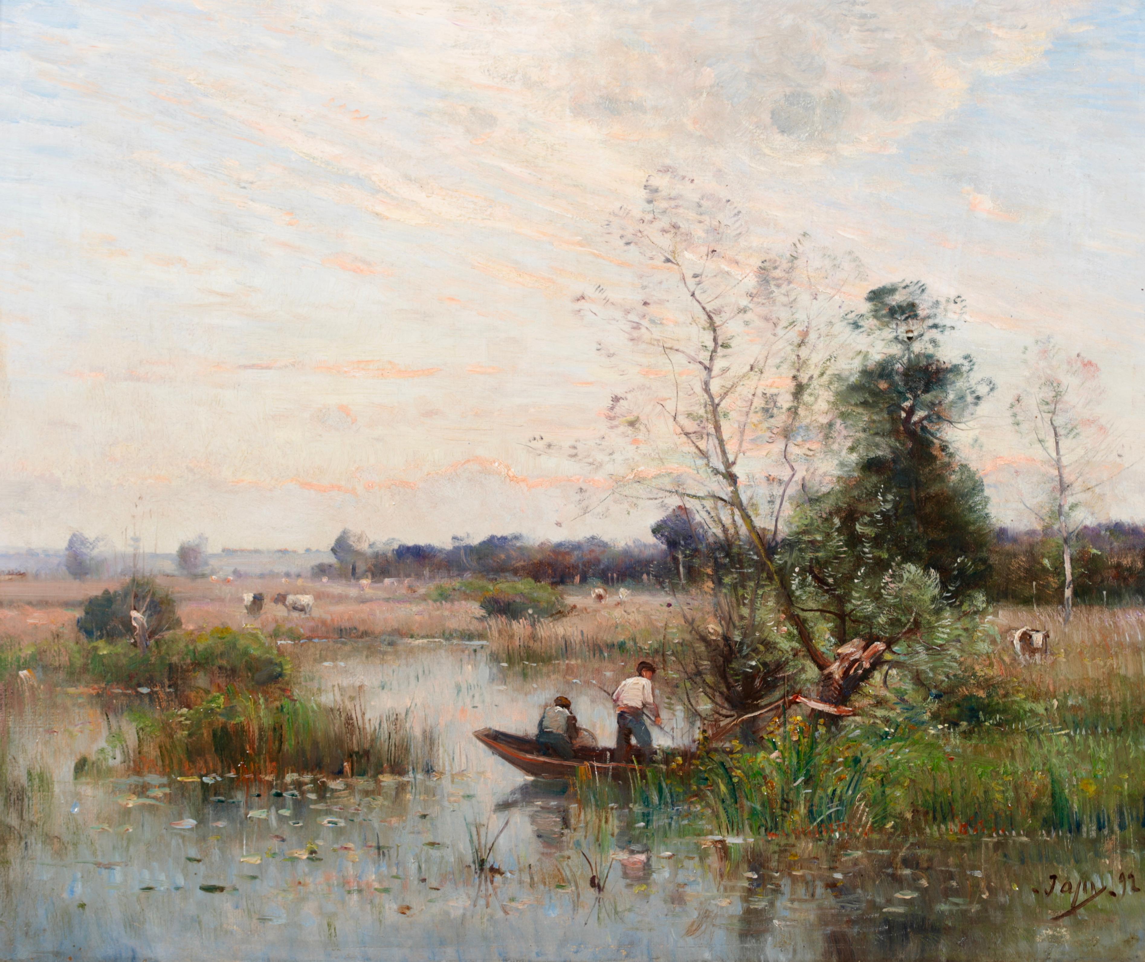 Louis Aimé Japy Landscape Painting – Fishing on a River - Impressionistisches Ölgemälde, Boot auf Fluss Landschaft von Louis Japy