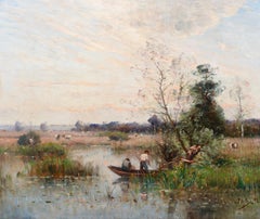 Fishing on a River - Impressionist Oil, Boat on River Landscape by Louis Japy