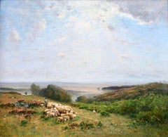 Les Bergers - Barbizon Oil, Shepherd & Sheep in Landscape by Louis Aime Japy