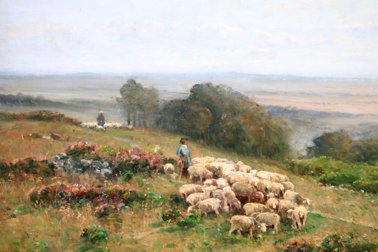 A beautiful oil on original canvas by French Barbizon painter Louis Aime Japy depicting shepherds with their flocks of sheep in a vast pastures. 

Signature:
Signed and dated 1886 lower right.

Dimensions:
Framed: 40