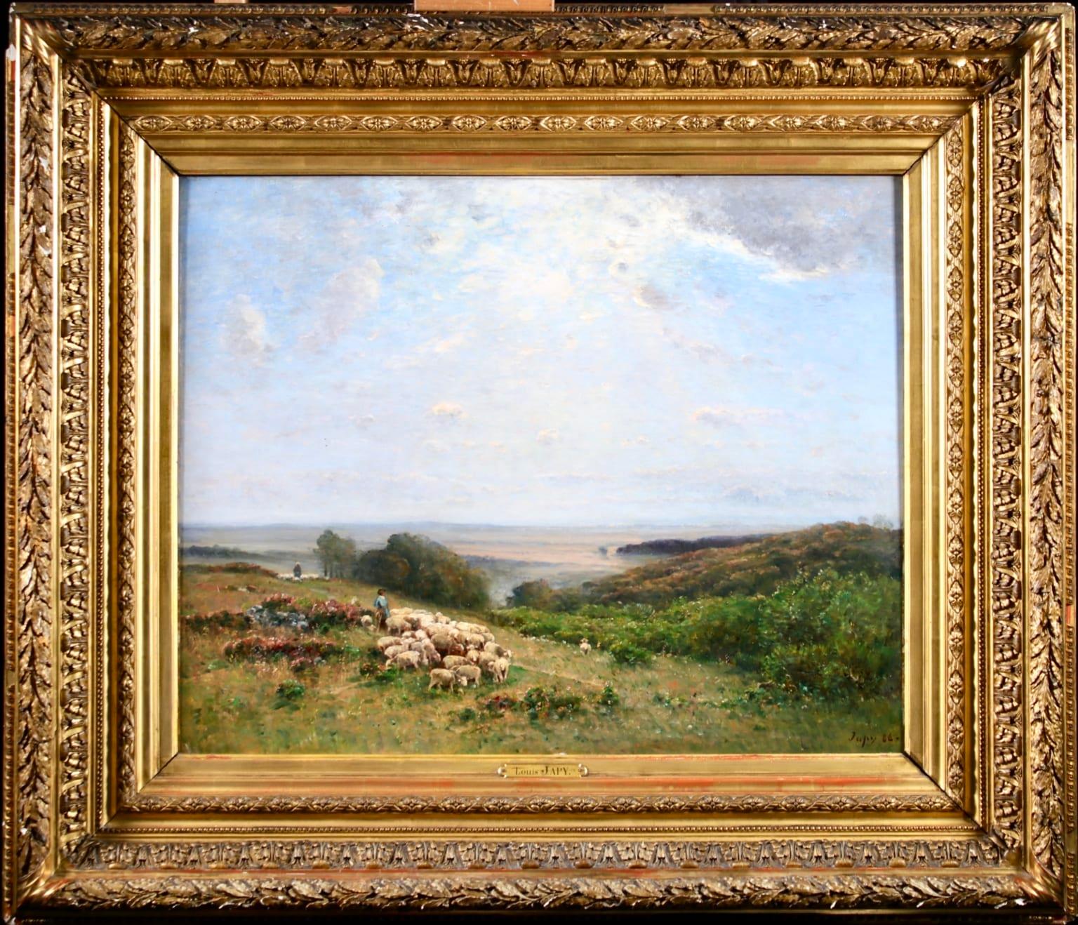 Louis Aimé Japy Figurative Painting - Les Bergers - Barbizon Oil, Shepherd & Sheep in Landscape by Louis Aime Japy