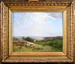 Les Bergers - Huile de Barbizon, Berger et mouton dans un paysage par Louis Aime Japy