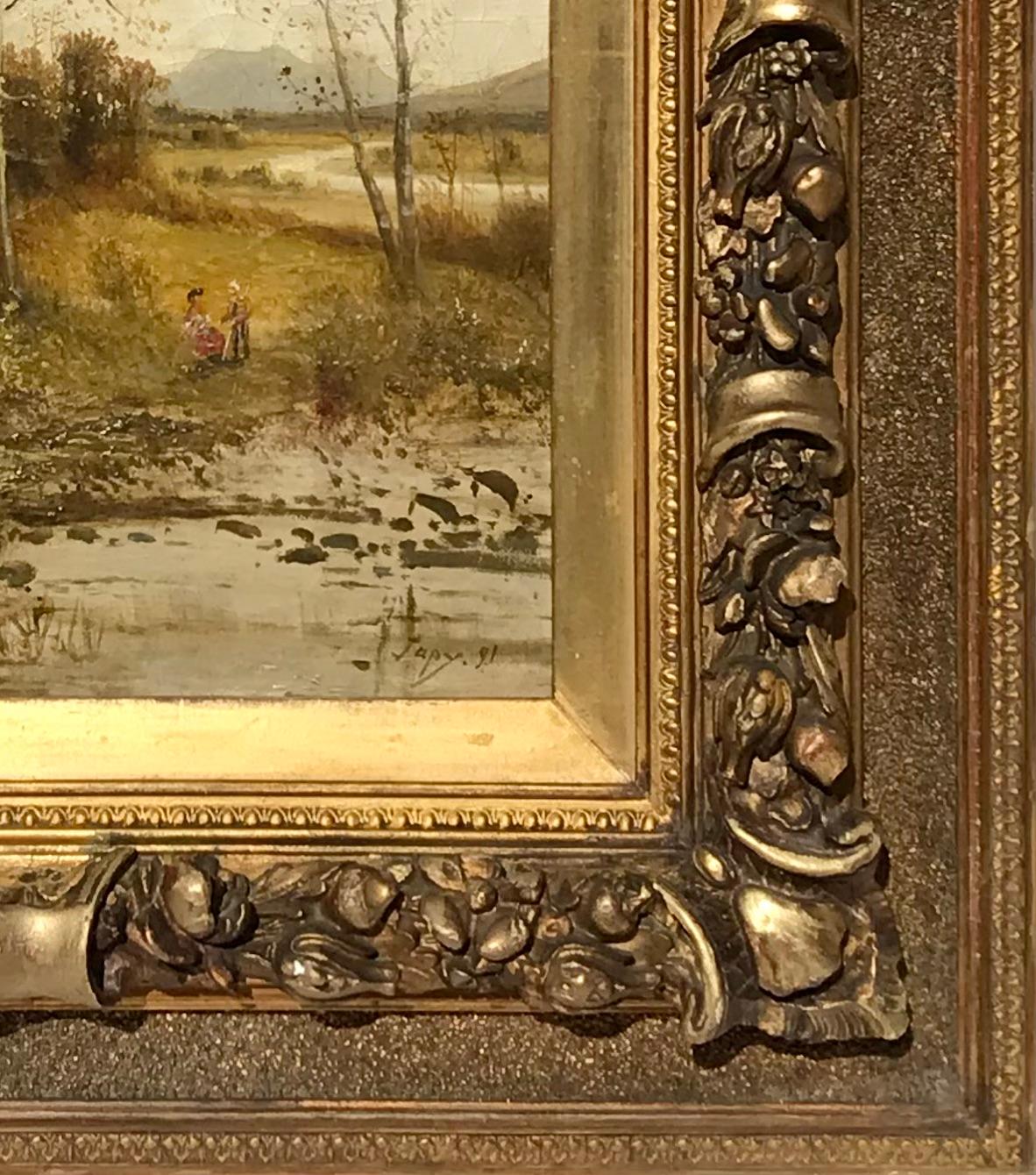 Louis Aime Japy Figuras en un paisaje boscoso - Landscape Painting Marrón de Louis Aimé Japy