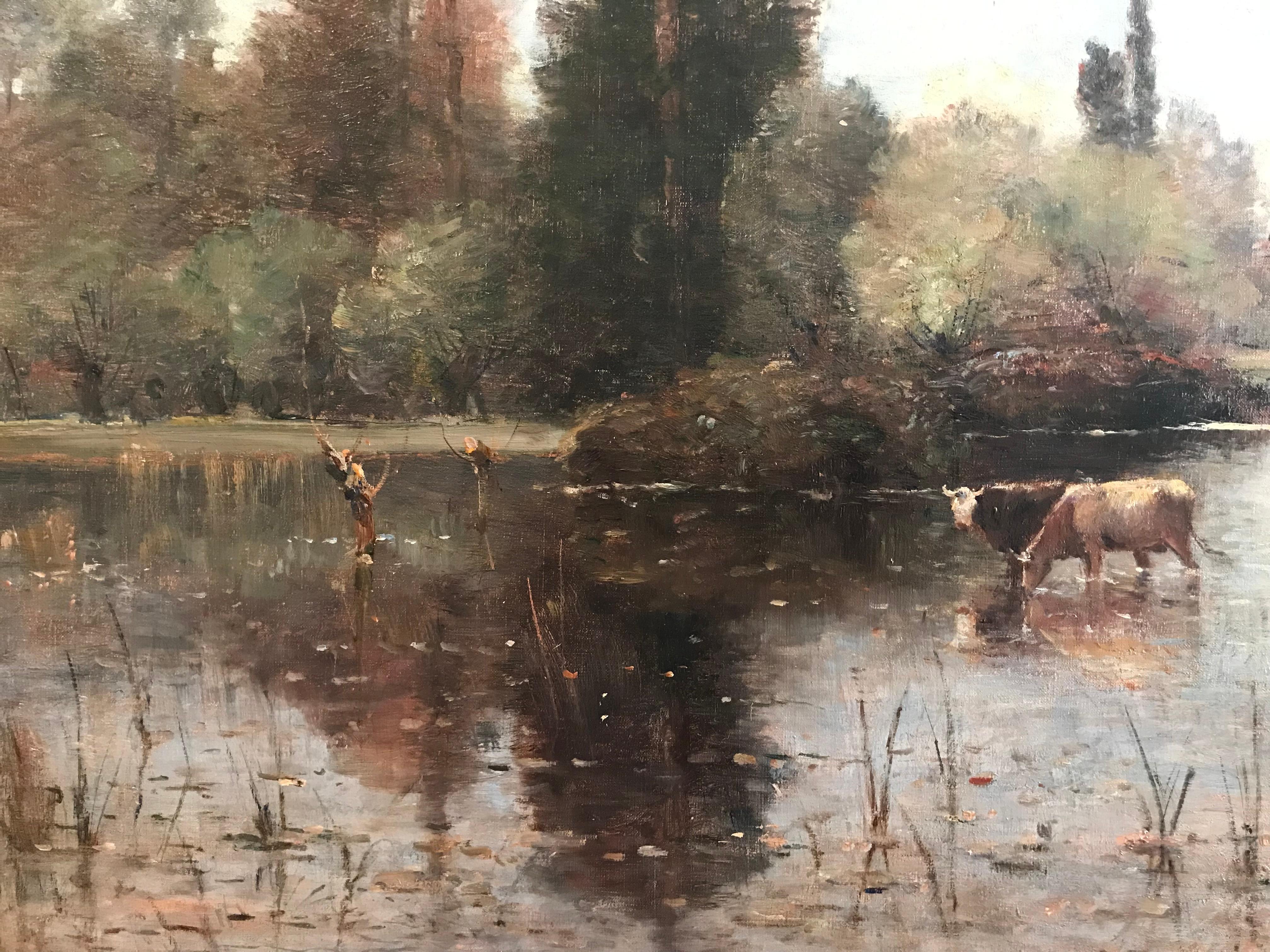 Louis Aimé Japy (1840-1916)
Oil on canvas

Cows in river with village in background 
Signed lower right, Japy. 

Canvas 26” x 32” 
Overall in a period gilt  frame 38” x 44”.

Condition: Orignal canvas, No in paint detected. light craquelure top