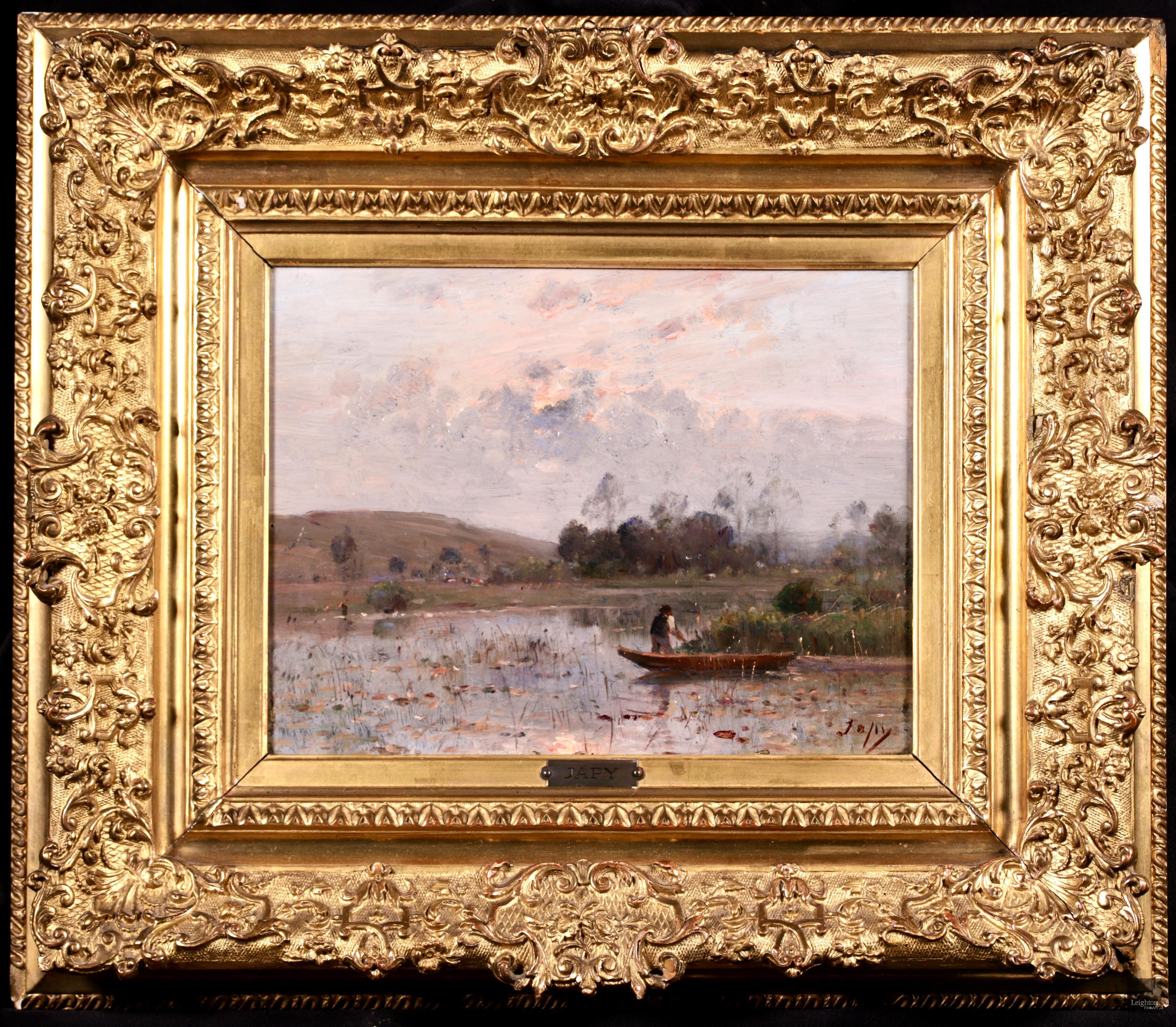 Pecheur sur une riviere - Barbizon Oil, River Landscape by Louis Aime Japy - Painting by Louis Aimé Japy