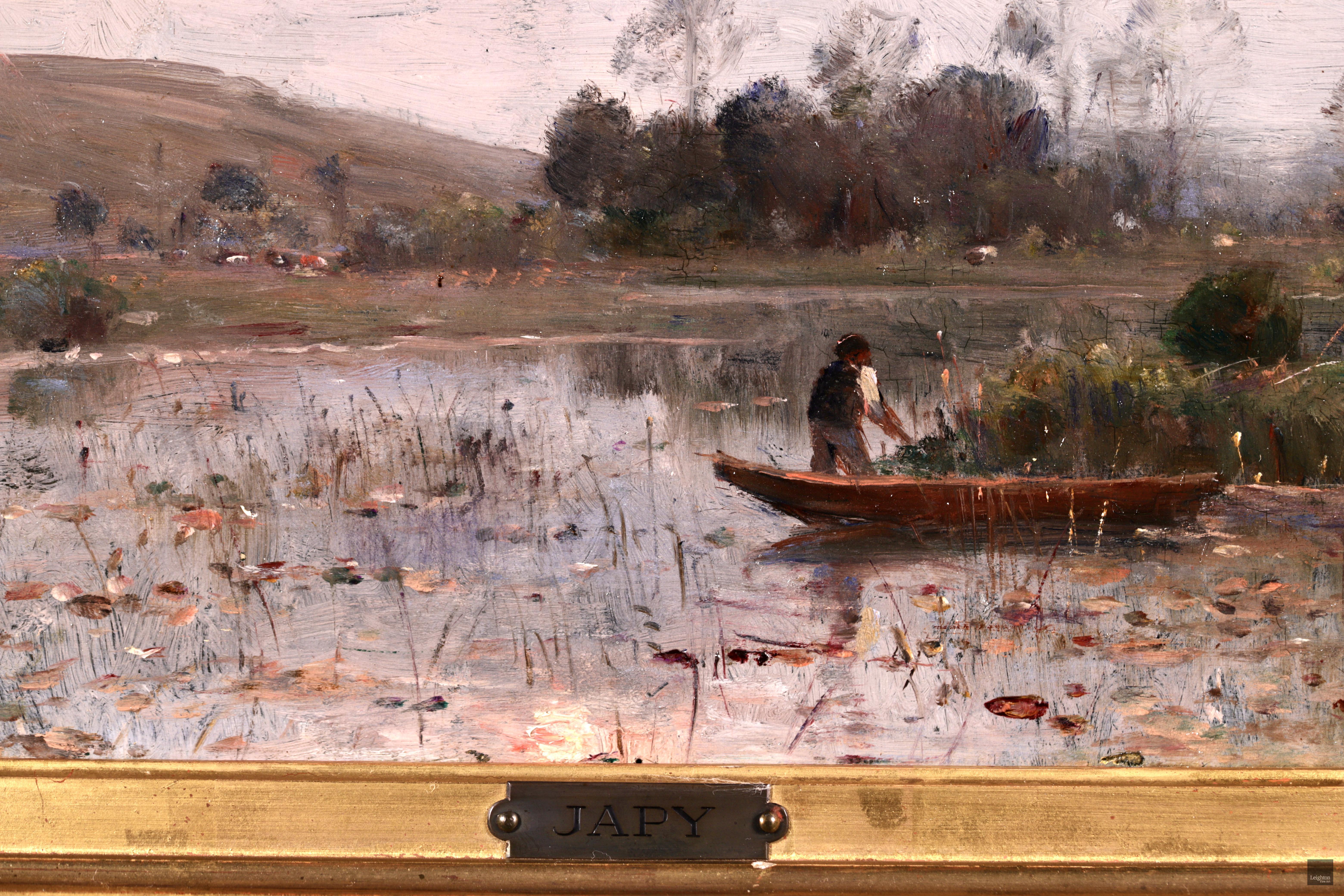 Pecheur sur une riviere - Barbizon Oil, River Landscape by Louis Aime Japy - Barbizon School Painting by Louis Aimé Japy