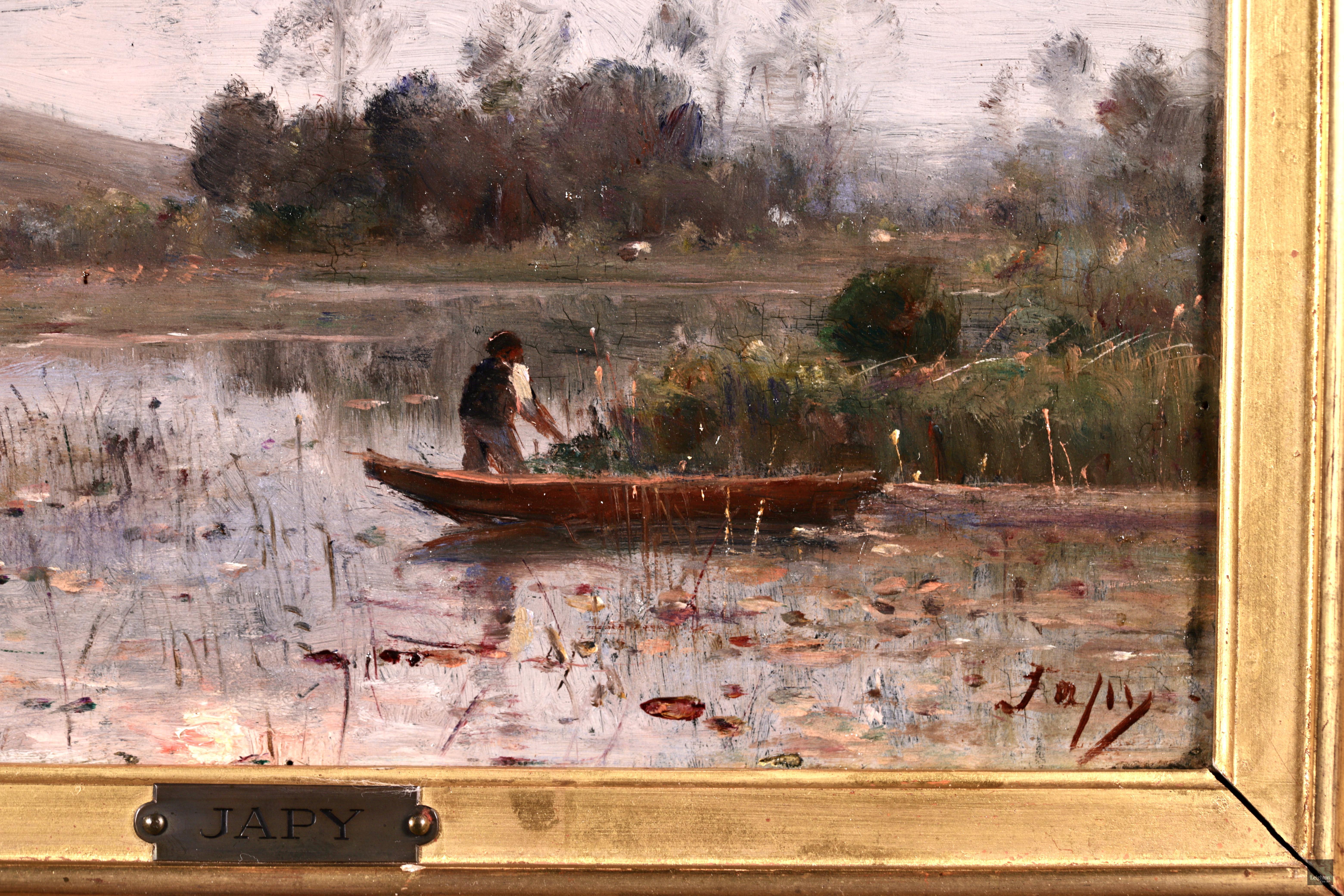 Signed Barbizon school oil on panel riverscape circa 1880 by French painter Louis Aime Japy. The piece depicts a fisherman in a small boat on the river as the sun fades and disappears behind a cloud.

Signature:
Signed lower